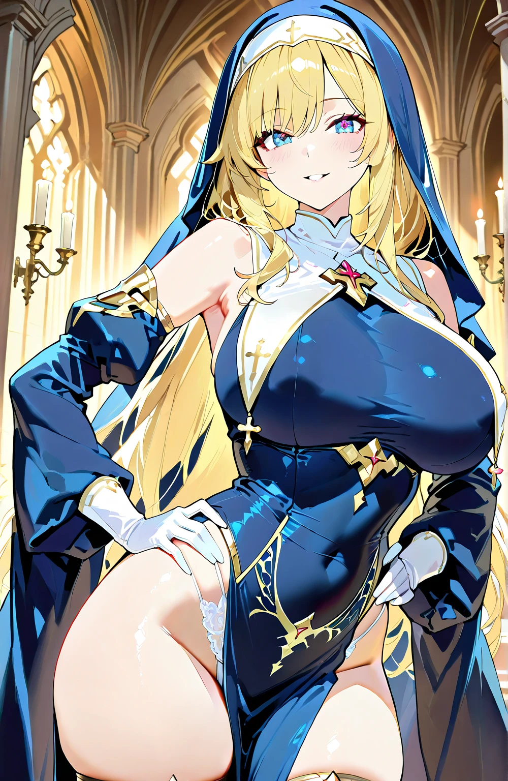 1 girl、Blonde、Long Hair、Fantasy、Holy Goddess、Neat clothes、(White and light blue clothes)、Complicated costumes、Get wet、(Silver decoration)、(Aggressive design)、Sleeves that cling to the arms、Bigger breasts、Exposed Skin、Shameless、Provocative、Fan、Lust、Estrus、((sexual excitement))、Deep pink eyes、Heart Pupil、look down