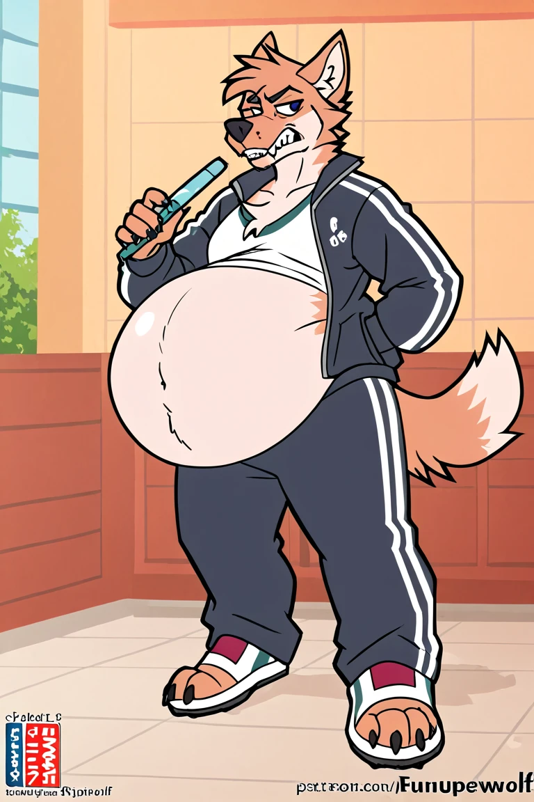 A man slightly chubby, shaped like a white dog has brown ears   with horny face heart-shaped eyes  with a loose jacket, touching own self , Wear a necklace with bell licking feet , Take off your pants and masturbate