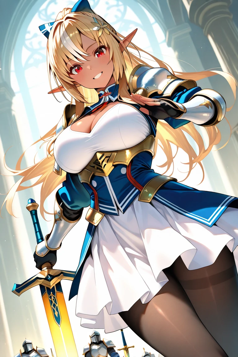 alone, 1 Girl, Asuna, salary, keep, arms, Focus on women, sword, Cape, armor, Lambent Light, Handguard, sheath, armor, full armor, A soft smile, (((masterpiece))), ((Highest quality)), ((Intricate details)) (8K)