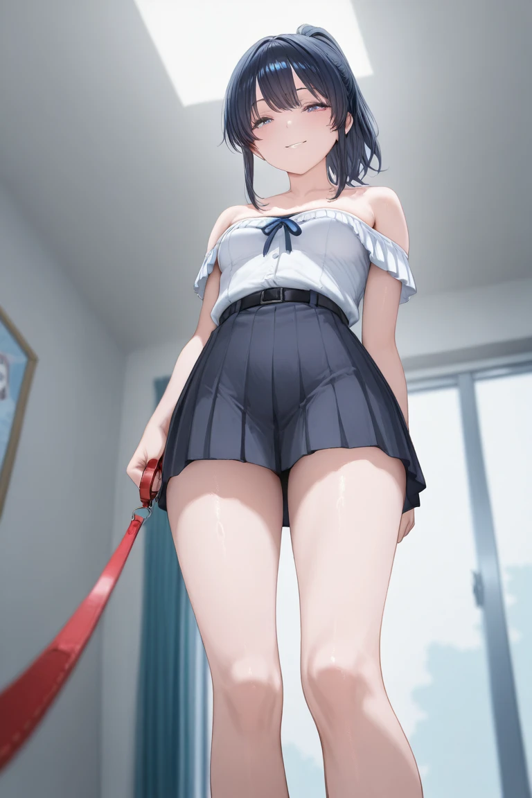 beautiful curves、(nsfw:1.6),8k、perfect anatomy、best quality、ultra-detailed、(1girl, only:1.9)、19years old、(gleaming skin:1.6)、(looking at viewer:1.5) 、(sweat:1.6)、(love juice:1.4)、(school uniform :1.5)、(clothed:1.7)(cowboy shot:1.6)、(skirt lift by myself:1.9)、POV、(contemptuous:1.9)、(disdain:1.9)、(red lingerie:1.9)、(from below:1.4)、(leg lift:1.4)、(kneehighs:1.6)、(garter belt:1.6)、(pussy juice stain:1.6)