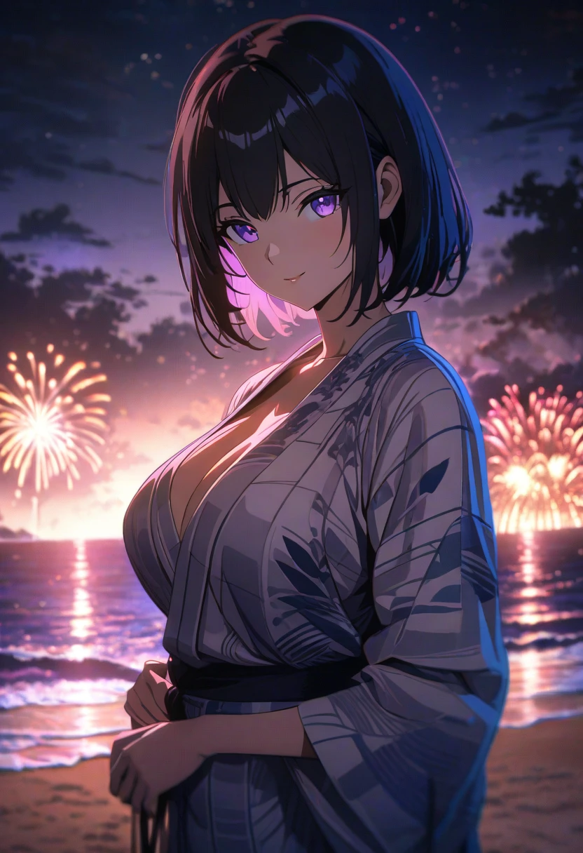 masterpiece, Highest quality, Madoka Ayukawa,Blue-purple shiny hair, One girl,Beautiful Eyes,yukata,Upper Body,sexy,Open chest,Big Breasts,Fireworks display