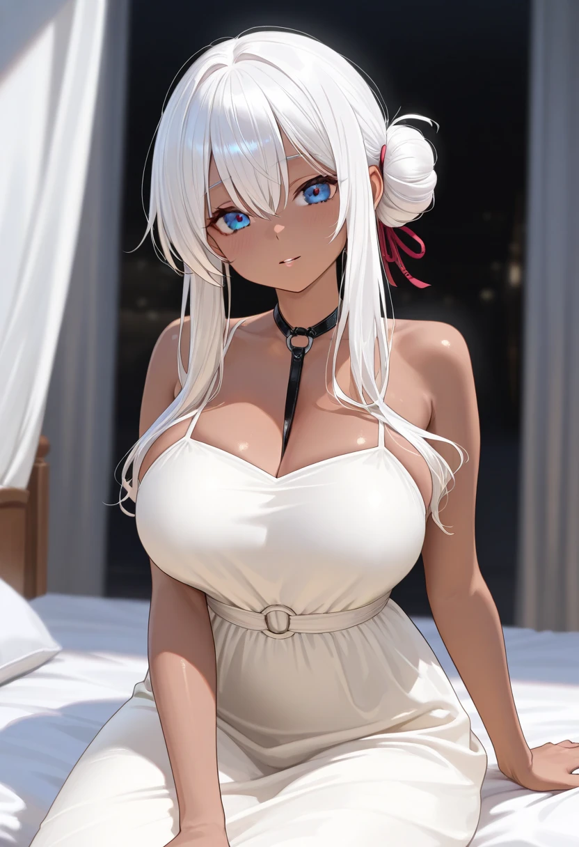 masterpiece,best quality, highly detailed, score_9, score_8_up, score_7_up, score_6_up,source_Anime,BREAK
liliana,1girl, solo, long hair, breasts, looking at viewer, bangs, blue eyes, dress, cleavage, bare shoulders, jewelry, collarbone, white hair, thighs, earrings, choker, indoors, dark skin, blunt bangs, white dress, huge breasts, bracelet, dark-skinned female, lips, hoop earrings