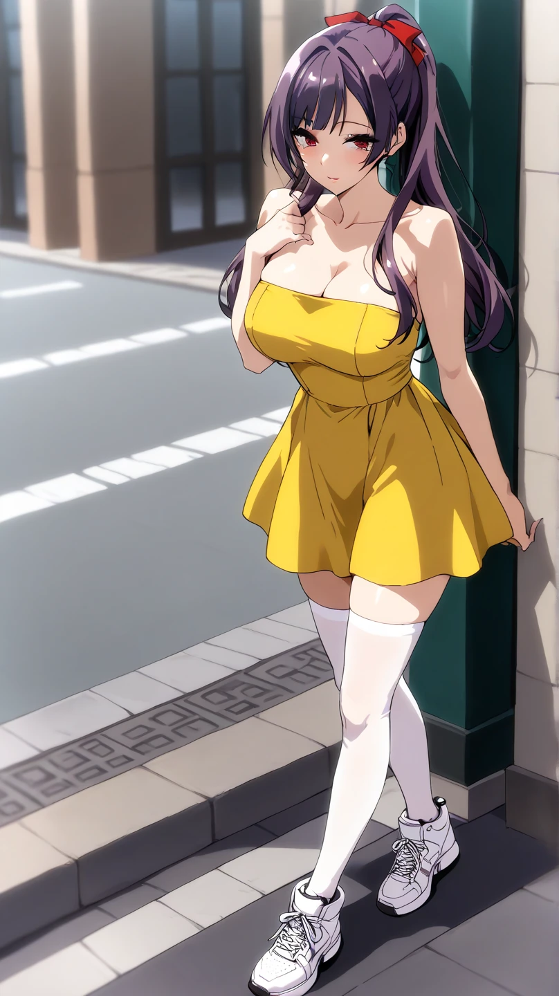 the anime character with long white-purple-silver hair, has a big smile, 1girl, solo, smile, gradient hair, long hair, outdoors, multicolored hair,(gigantic breasts), sleeveless,blue eyes.5fingers