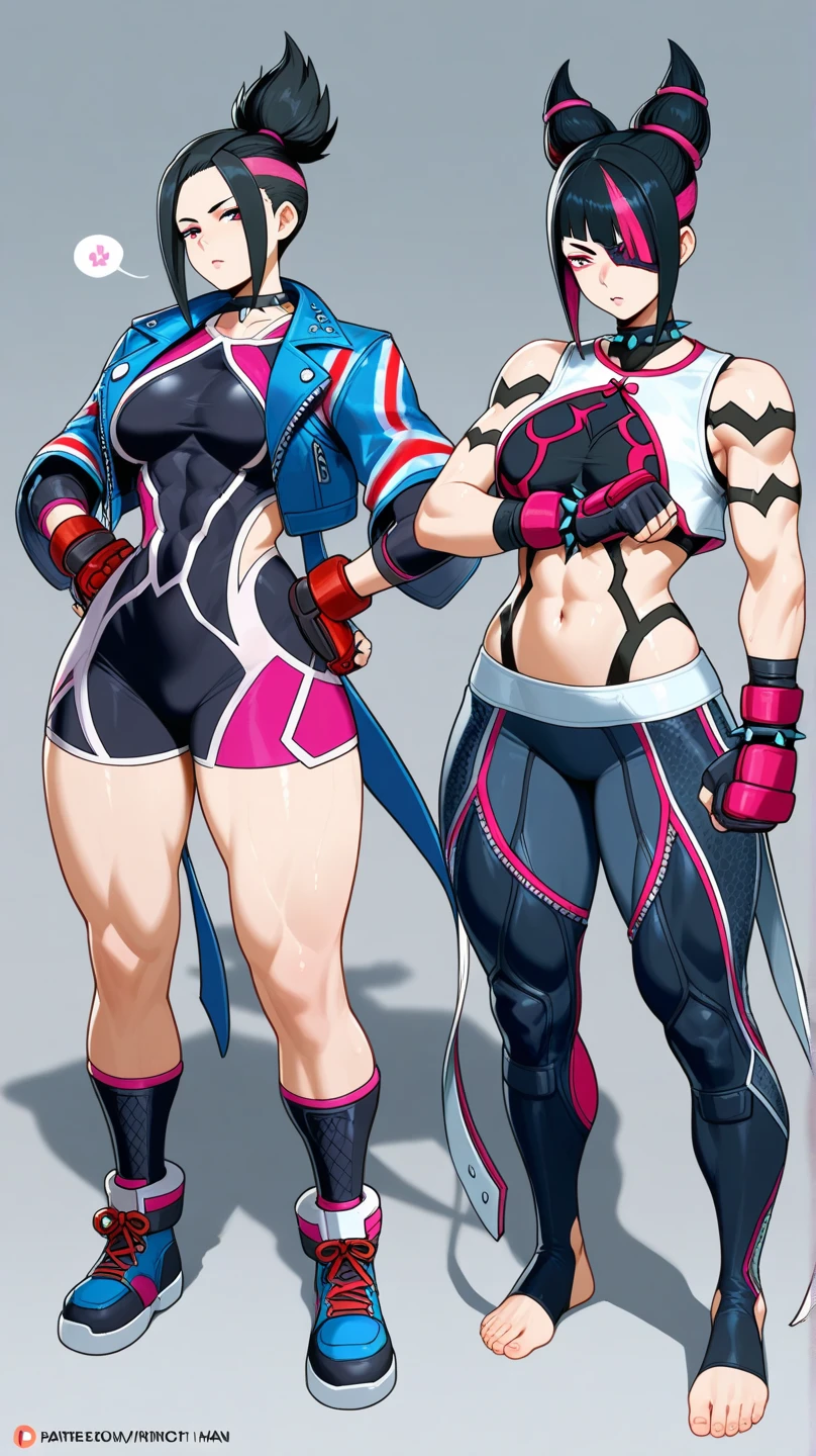 Dragon woman, very tall stature, fit body and huge breasts, long legs, pink skin, scales on her arms, horns, reptile tail, combat boots, fighting gloves, tight shorts, tank top, yellow hair, green eyes 8k hd masterpiece full body white background