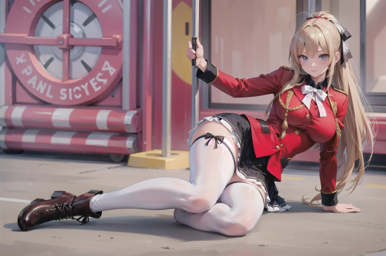 (((masterpiece))), (25 year old woman), solo, (short blonde hair), (red school girl uniform), (((surprised))), ((falling down metal vent)), (((viewed from below)))