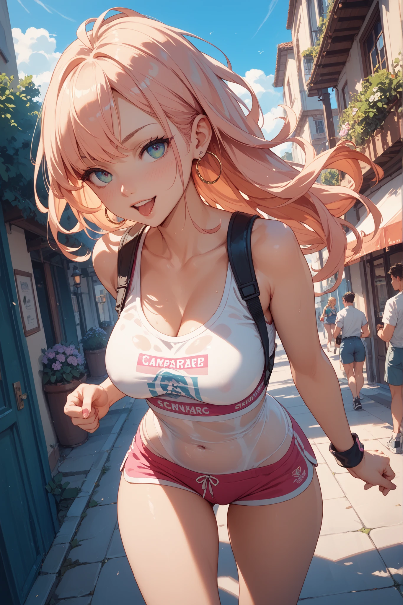 1woman，11，， huge breasts cleavage，super adorable，small breasts，pornographic exhibition， Alone，（background with：In the woods，Jungle，In summer） she has long pink hair，Baseball Cap Headband，standing on your feet，sweat profusely，soaked all over the body，seen from the front， curls， mostly cloudy sky，（（（Masterpiece），（Highly detailed CG Unity 8k wallpaper），The best quality，cinematic lighting，detailed background，Beautiful detailed eyes，bright pupils, fine and beautiful），（Beautiful and detailed description of the eye.），ultra-detailed，Masterpiece，）），looking to the camera，A high resolution，ultra-detailed），，revealing breasts，Bare genitals， bulk，camel toe，Sexy servant，flushed complexion，Bowled over，Facade，Japan primary school girl（exhausting：Red baseball jacket，Mini short denim skirt，Athletic Sneakers）
