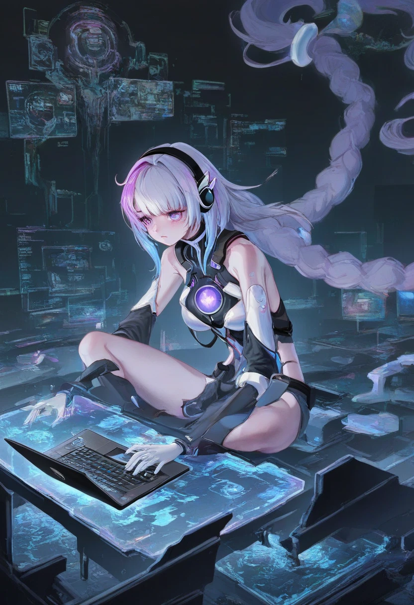 Top quality, masterpiece, very precise detail, absurdity, very fine 8KCG wallpaper, very delicate and beautiful girl, highly detailed character, incredibly beautiful, (transcendent robot beautiful girl: 1.5), braid, break, show (buttocks), shoulder blades, flanks, back, (exoskeleton leotard), (mechanical limbs), (bare shoulders and armpits), absolute area, rest, headphones, sitting, desk work, desk and PC monitor, night, fluorescent light,