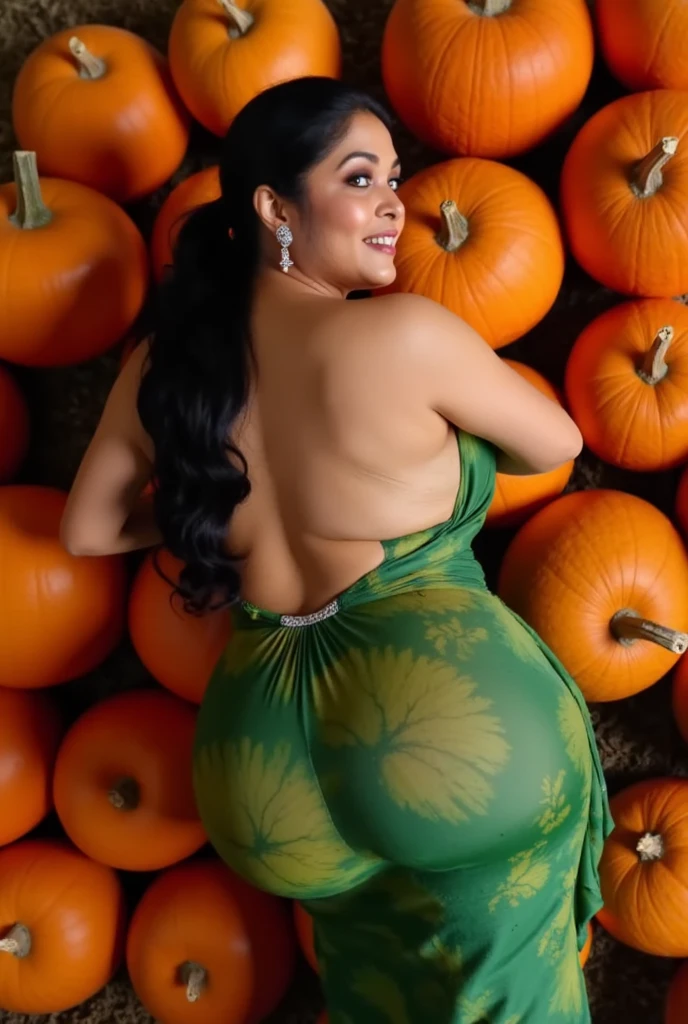 extreme close up photo of back of naked 30 years old naked nayanthara lying on big pumpkins with wide open spread naked ass anal from top view, hourglass figure, swooping breasts, deep cleavage, curvy, armpits, seductive eyes, ass, look at viewer lusciously, subtle smile, erotic standing having sex with big pumpkins with wide open spread legs, green vintage Saree, red lips, sultry, ponytail, 4K, HD