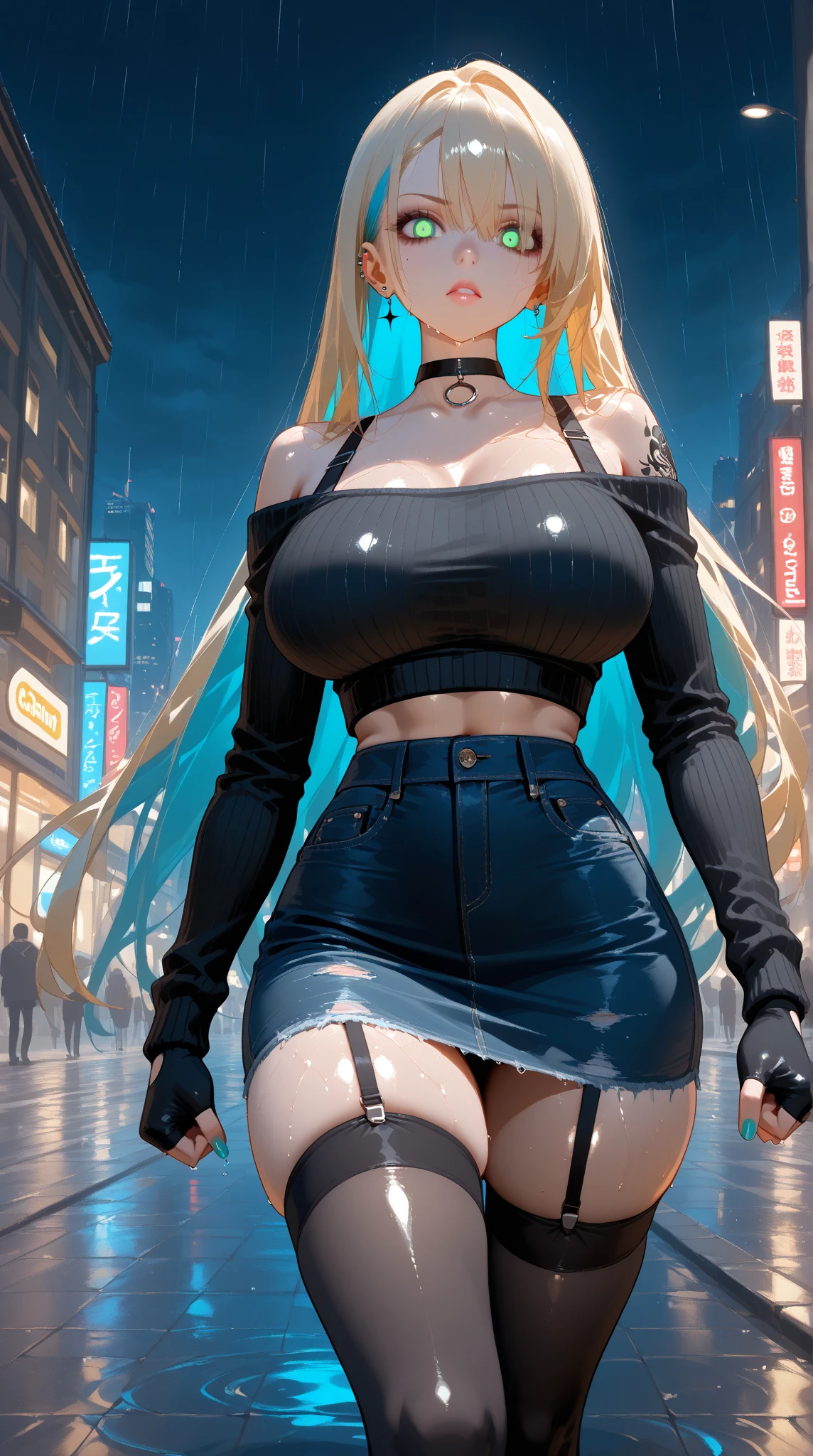 Cyberpunk girl with huge breasts in lace cleavage in the city