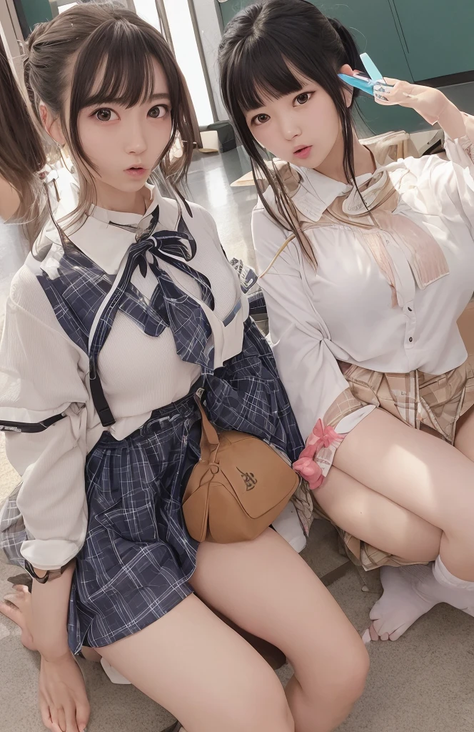 (top-quality、masterpiece)、(Realistic lighting with shadows)、elegent、(A hyper-realistic:1.5)、Stylish, canny, traditional, artistic, intricate detailes、(Perfect anatomical depiction of the human body)、1girl in, ( Huge breasts :1.5), Beautiful bright blue eyes squinting dazzlingly、She has a small mouth without lipstick、She has brunette half-up hair that shines in the backlight of the setting sun, (She is a schoolgirl costume:2.5)、 (The skirt is a tartan plaid micro mini pleat:1.9)、 (White sheer low cut panties:1.9)、 (Thin crimson ribbon ties:1.9), (The blouse is tightly closed from the neck to the skirt:2.5)、(The blouse is very cramped、tension due to very large breasts,,,,,,,:1.7)、(She stands and bends her knees slightly:1.3)、(This is a photo taken with squinted eyes and a cute smile..........:1.5), (Pull up your skirt to show off your panties:2.5), (the face is chubby:1.3), perfect anatomia, A detailed face, close up of face, irene1