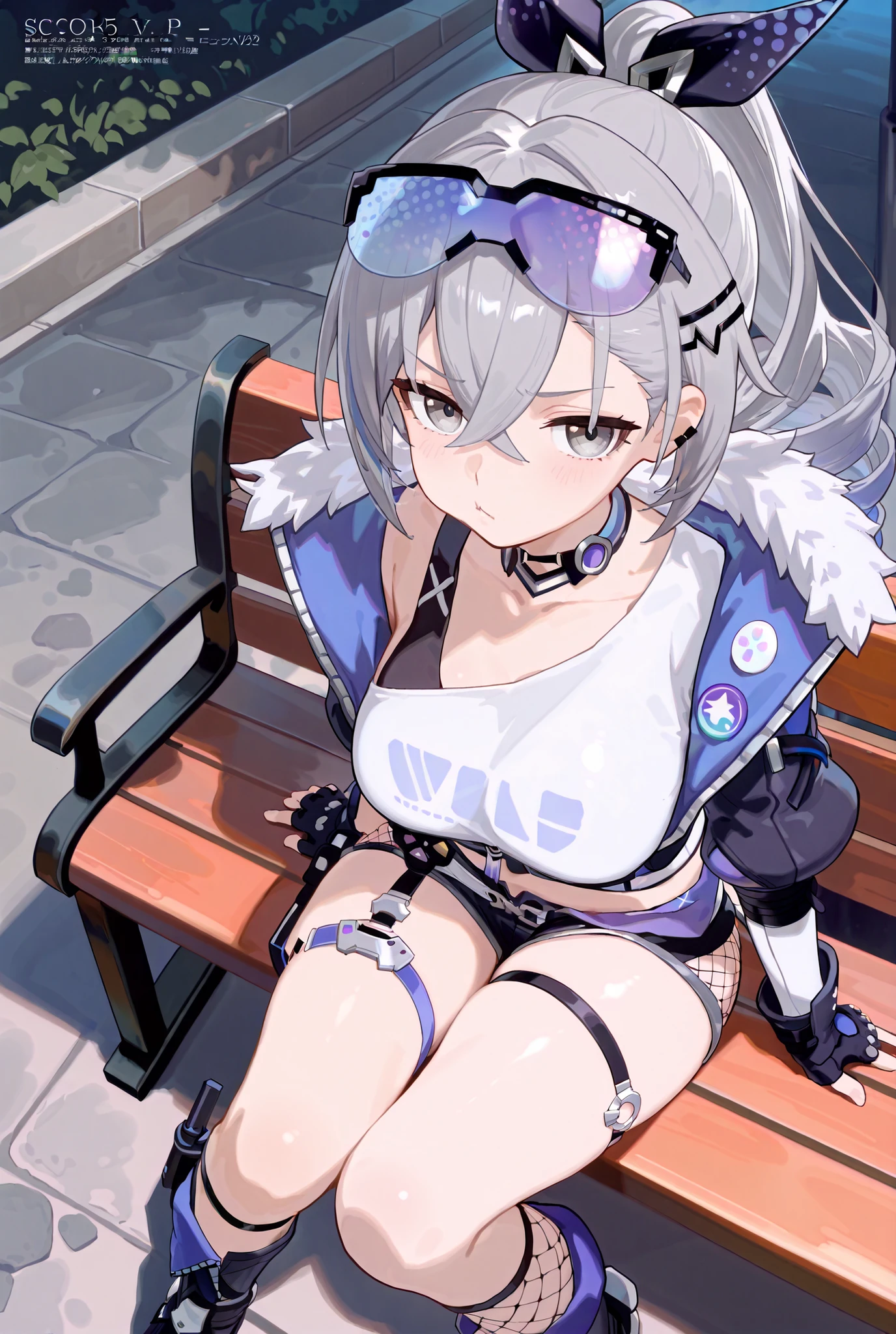 銀狼,silver wolf,
score_9, score_8_up , score_7_up , score_6_up , score_5_up ,
(masterpiece, best quality),ultra detailed,
warm lighting, rim light, megami magazine,
BREAK
1 girl, silver wolf \(honkai: star rail\)fingerless gloves, black shorts, cropped jacket, eyewear on head, drill ponytail, crop top, fold-over boots, thigh strap, single fishnet sock, hair ribbon, choker,gray eyes,
outdoor,park,night,
pout, pouty lips, frown,
from above,full body, solo,
large breasts, nsfw, looking at viewer,
sitting, sitting on bench,