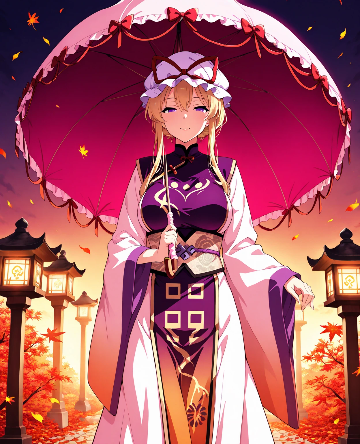 ftselenekim, pink eyes, mature female, blonde hair, hat, clothes, ftselenecas, pink eyes, blonde hair, maturefemale,cleavage, kimono, japanese clothes, moon, white clothes , big chest, smile, perfect waist, large breasts, kimono