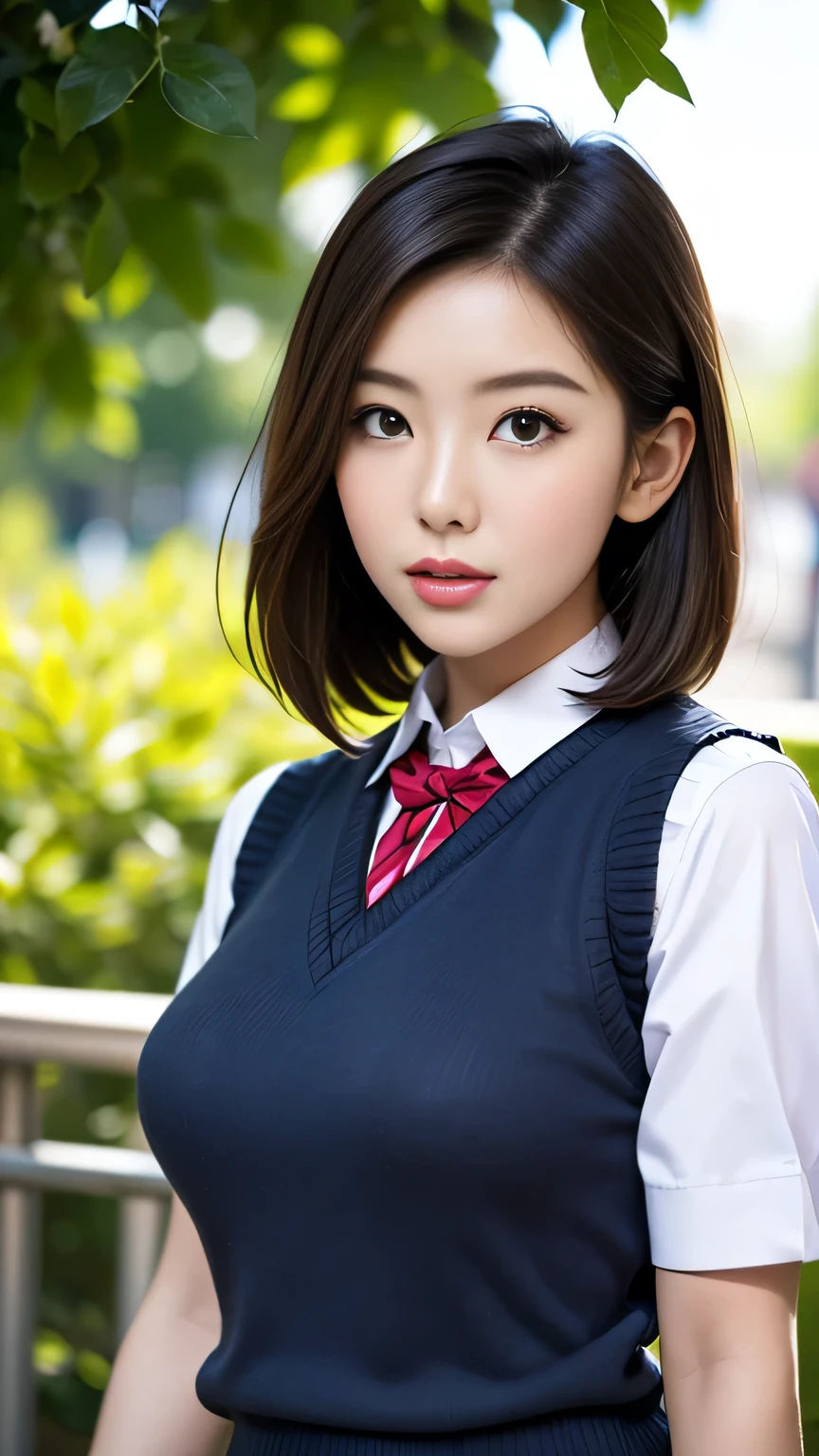 (Ultra-Realistic Skin),((Highest quality, 8K, masterpiece: 1.3)), ((Bewitching Woman))、Voluptuous figure、((Japanese schoolgirl))、Gal Makeup、 Sli-bob cut, Ultra detailed face, Highly detailed lips, Detailed eyes, double eyelid 、Big nipples、1 woman、Red Lip、Drooping eyes、((Heavy makeup))、(Very shiny skin)、((Wearing a high school uniform))、spotless face、((とてもMoist Skin))、A ruddy face、Thick lips、Dark Eyes、Plump Cheeks、((Moist Skin))、Provocative smile、Invisible angle、(Angle above the knee)、School playground、