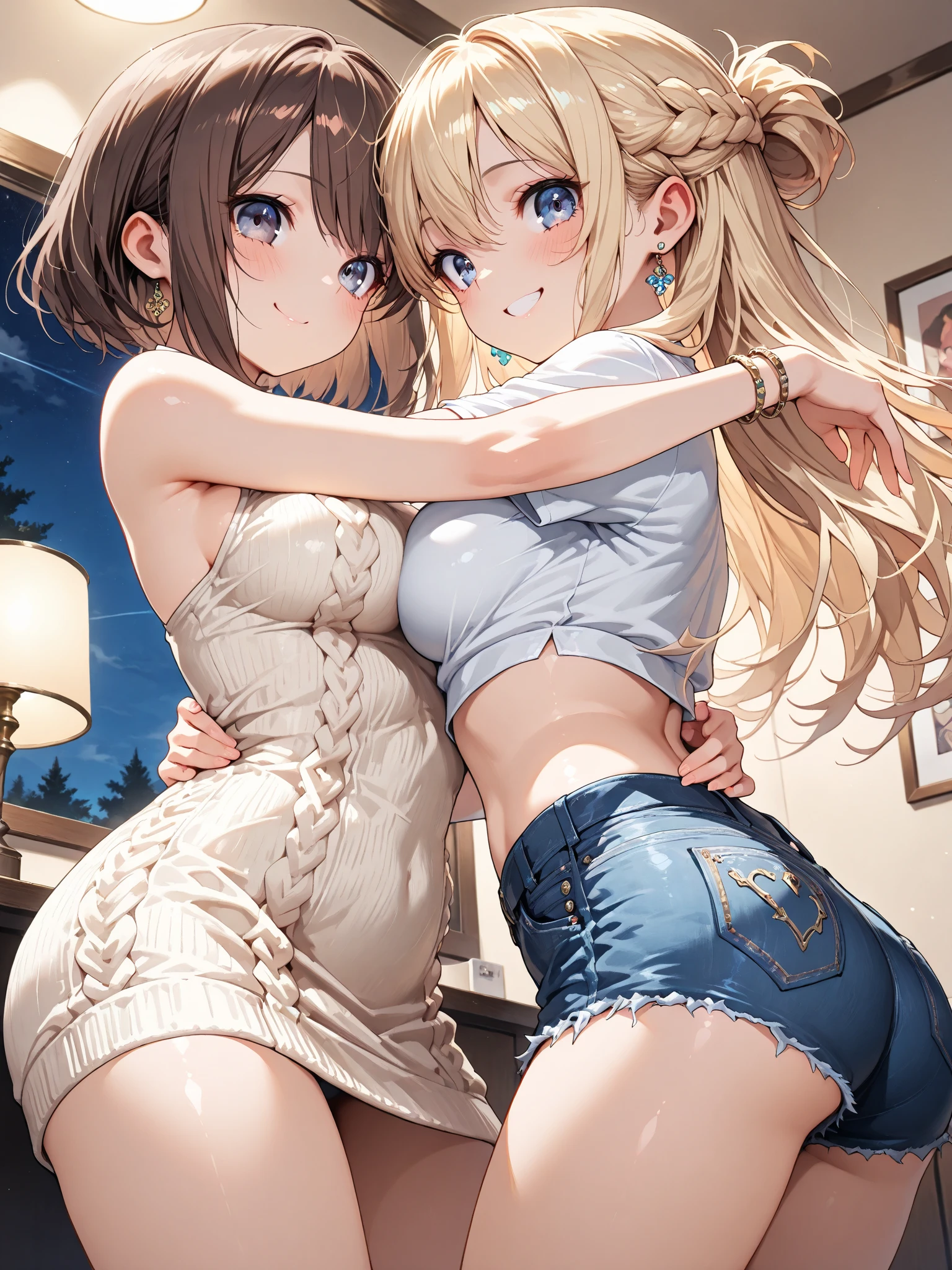 Super detailed、highest quality、Best image quality、masterpiece、8K、(two women hugging:1.5)、Anime Face、A kind smile、Open Mouth、Sparkling Blue Eyes、(Long blonde wavy hair:1.5)、Heavy bangs、Wearing a maid headband、(SFW huge body)、(((Rear view)))、Cowboy Shot、(Wearing a white thong:1.3)、Muscles of the whole body、Knee-high socks