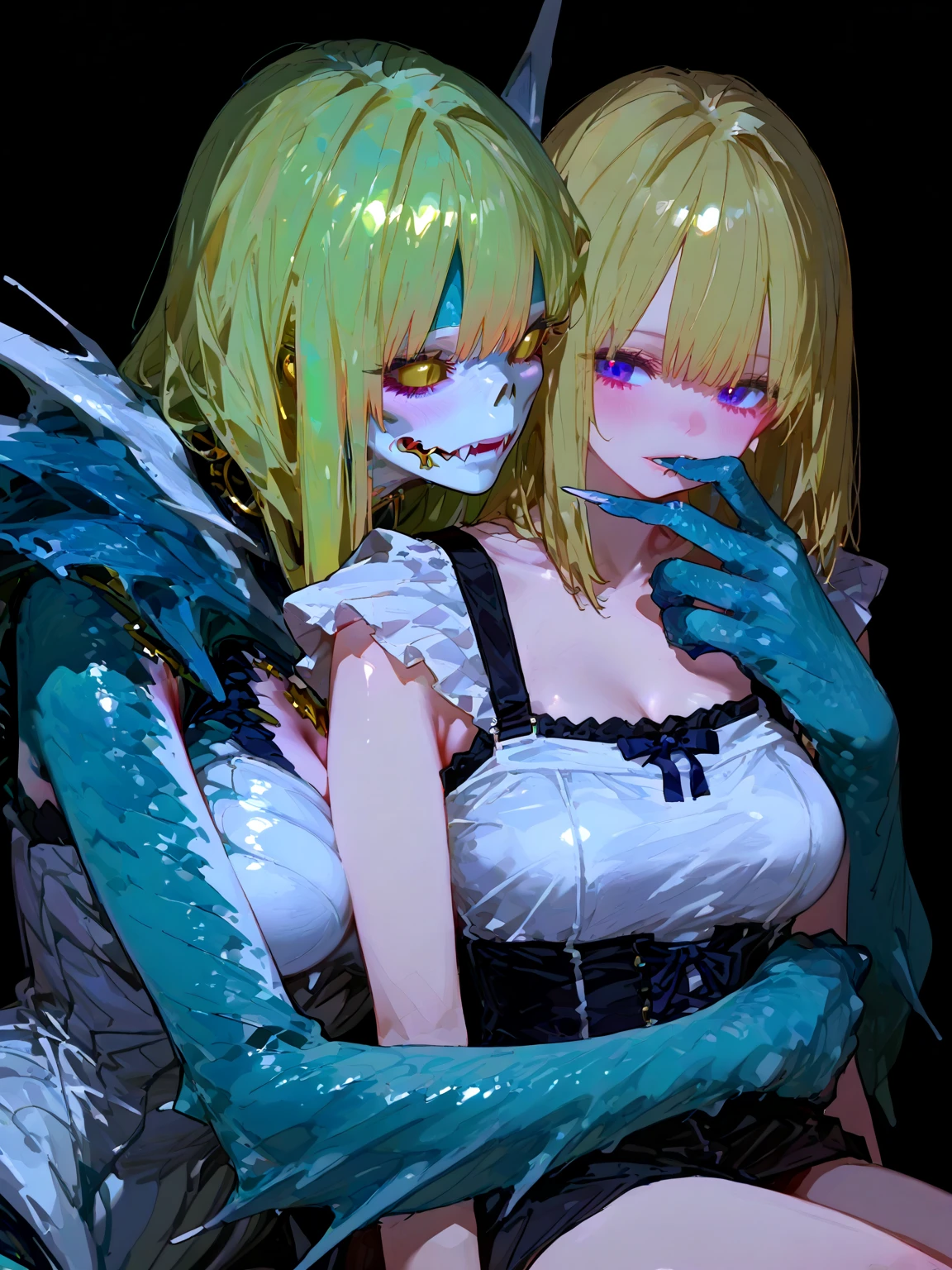 In a tentacle nest belonging to a zombie maid。Wearing a white-haired maid outfit, Big-breasted zombie maid with tentacles,Caught a yellow-haired girl in her twenties,The zombie maid spat tentacles out of her mouth to infect the yellow-haired girl。The zombie maid spat out her tentacles,Shove the tentacles into the yellow-haired girl's mouth。The zombie maid has blood on her face。"infect!"The zombie maid hugs the girl and infects her。{A zombie maid with tentacles},{Yellow-haired girl}