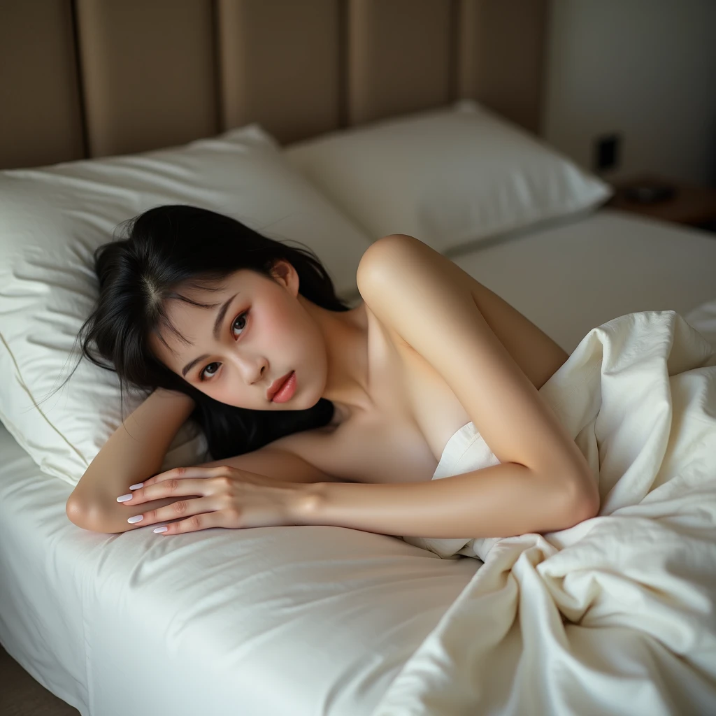 A Japanese woman in underwear lying on a bed holding a pillow, Glamorous women photos , ゴージャスなJapanese Model, Glamorous women photos, Posing in bed, Japanese Model, Sensual elegance, Beautiful female body, Elegant and smooth body, Beautiful female body, Pale milky porcelain skin, Gorgeous Young Japanese Woman, Japanese, Pale smooth, Rear view,