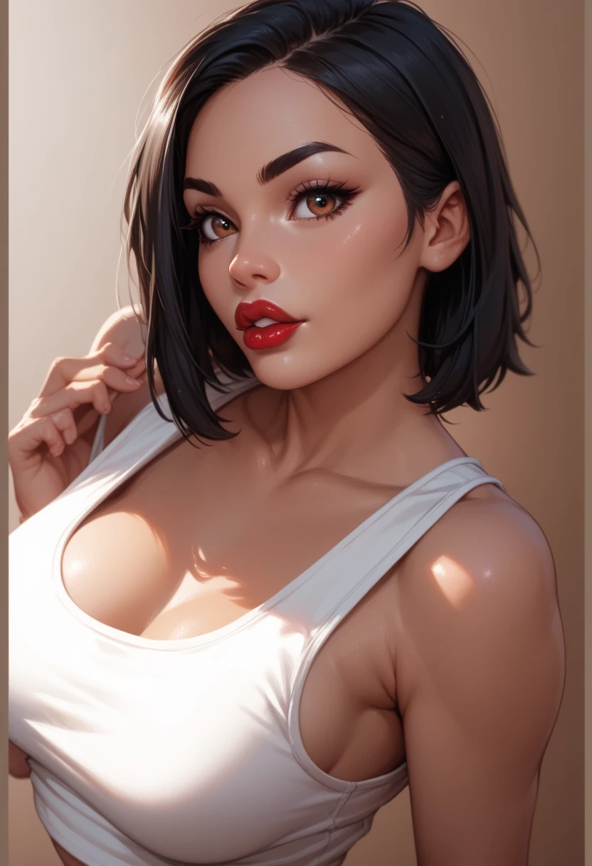 one asian girl, ada wong, solo, abs, slender body, (upper body, bust:1.2), black eyes, black hair, choker, (red clothes, tiny breasts, small breasts, male chest, cleavage, exposed breasts, open breasts, naked breasts:1.5), bare shoulders, belts, shoulder-belts, masterpiece, highly detailed, look at viewer, shiny blured orange background, gradient sprayed background, front view, gradient red purple background, blured background, glowing edges of image