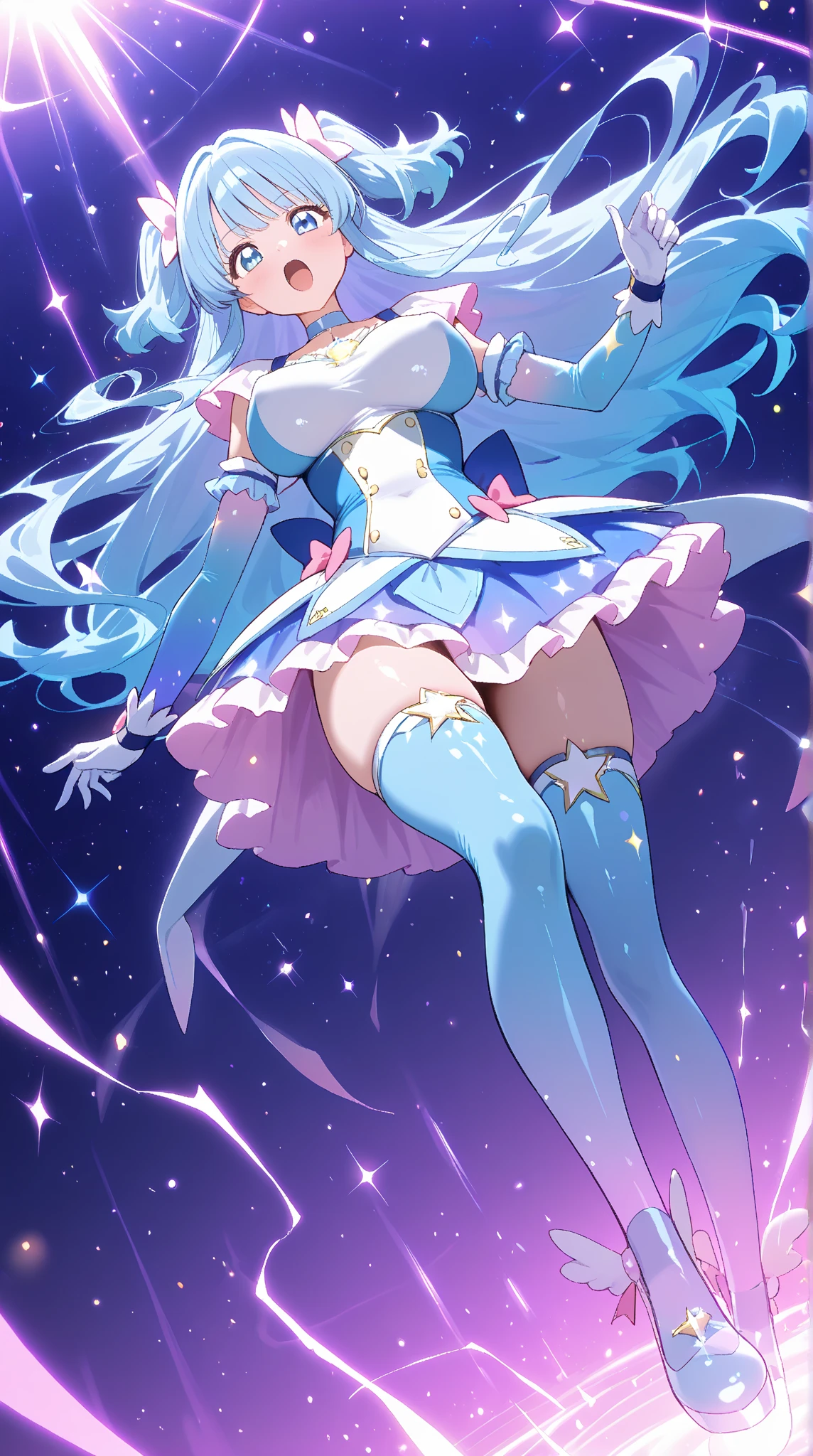 Solo cuerpo completo, ,clara sesemann,pelo rubio,Cinta para el pelo,blue eyes,vestido corto azul,, parada junto a silla de ruedas, en la luna, stand, full body, blue shoes, hands at sideslying on bed,,(detailed background, royal bedroom), (kda style), ((sailor moon outfit)),