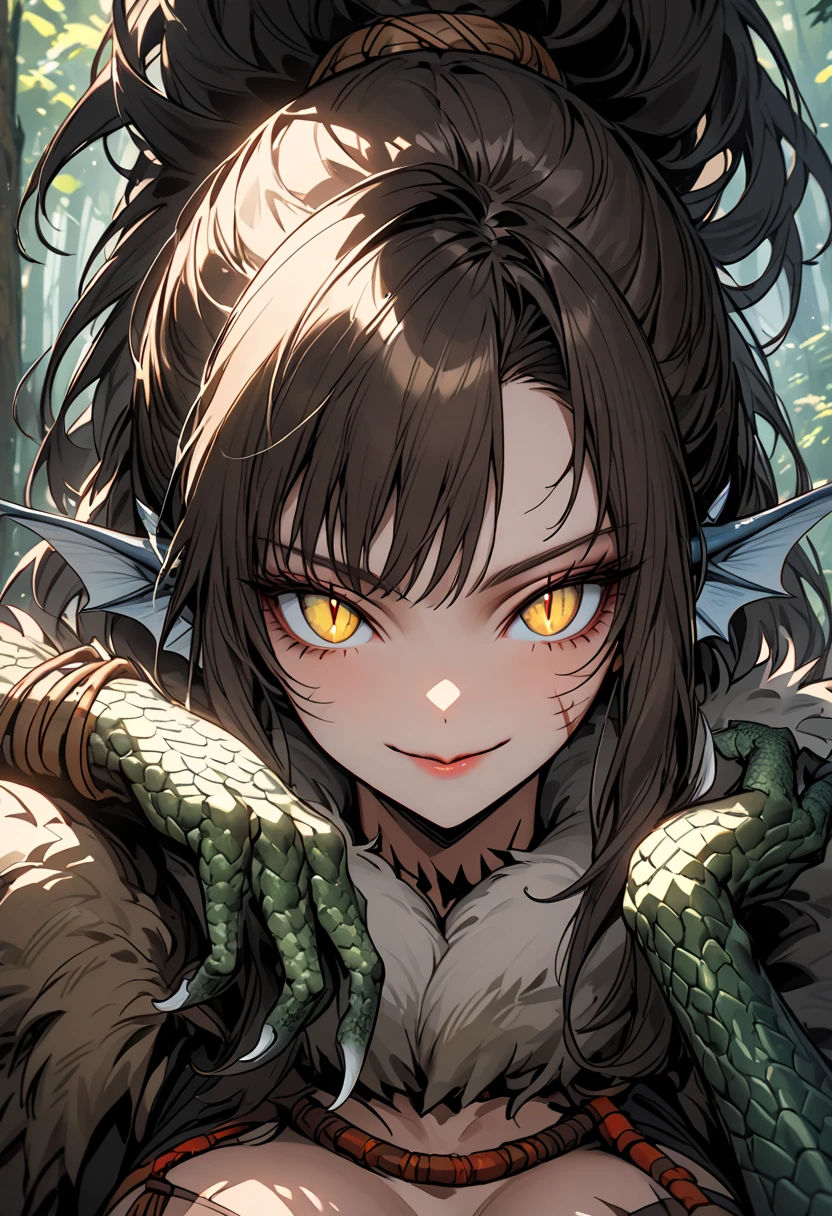 solo, female, tall, fit, broad shoulders, fit, light fair skin, long brown ponytail, scars, cut scar on nose, yellow eyes, slit pupils, head fins, broad shoulders, scales on forearms, scale hands:1.3, forest, wood cabin, day, smile, close up, crocodilian tail, fur collar cape, adventurer, tribal warrior, large breasts:0.3, pinup pose