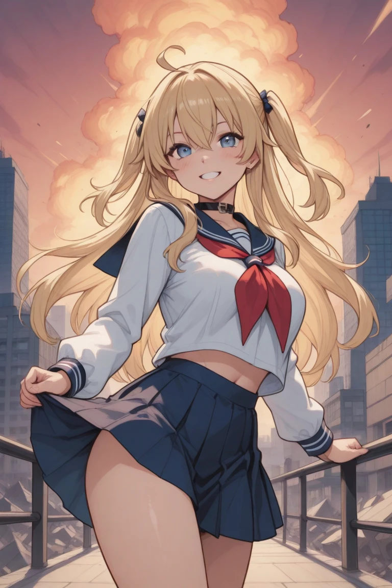 from below,1girl,run,Yellow hair,long hair,hessy hair,green eyes,serafuku,toast in mouth,skyscraper,explosion