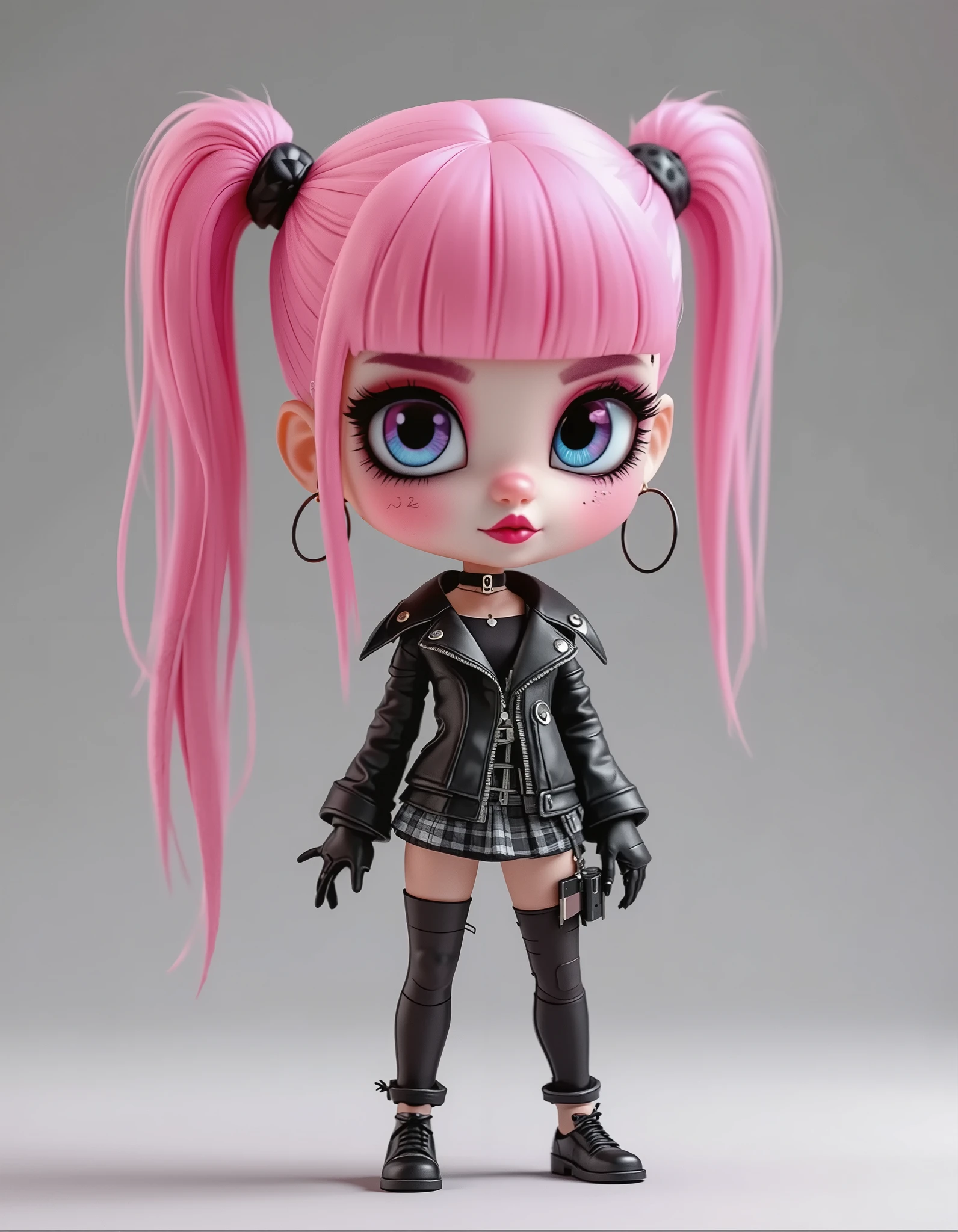 Super Goth Girl, pink black style, realistic caricature 3d cartoon render chibi
