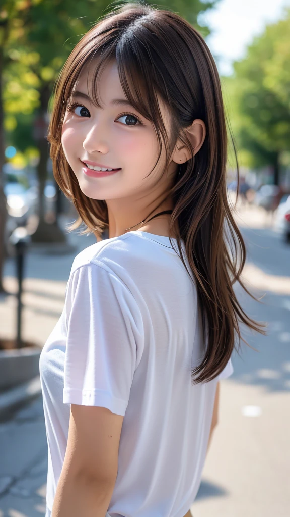 Lens: 135mm f1.8, (top quality), (beautiful 14-year-old Japanese girl), (moisturized lips), narrow eyes, double eyelids, delicate collarbone, flat chest, smile, (spotted Sunlight: not 1.2), Professional lighting, (Small figure), (Tanned skin: 0.2), Full body photo, ((Full body focus)), (Kneeling), Neat honor student, Gradual body, (White T-shirt: 1.5), various hairstyles, sunny summer sandy beach, very, very small breasts, underdeveloped breasts, very cute, very young, carrying a shoulder bag across the body.