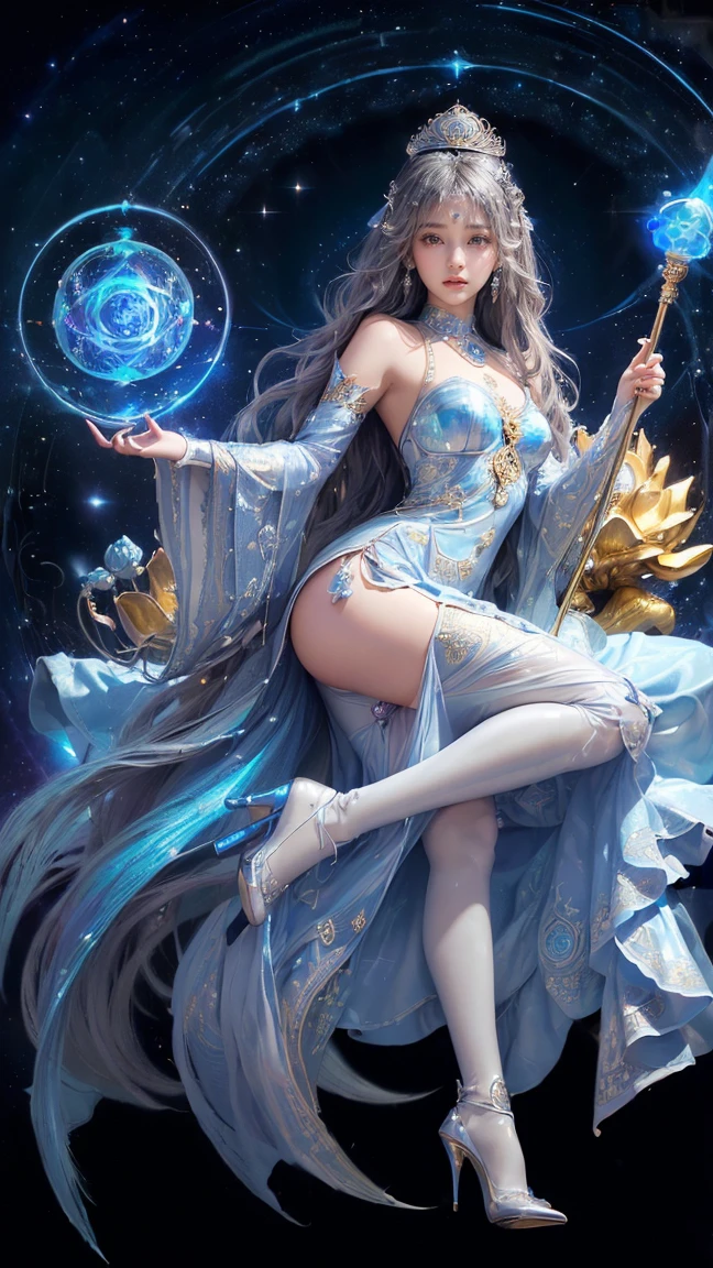 cyborg, girl, beautiful girl, cute, sexy, strong, thin, delicate, smile, (lolita costume), High leg, metallic, ultra color, paisley pattern, headgear, mandala, Near future, heaven, Angel, feather, wing, Helix lamp