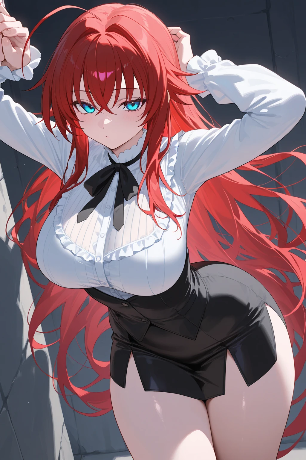 (masterpiece:1.2, High quality:1.2), (One:1.2), (1 girl:1.2), (pixiv:1.4), (Rias Gremory), indifferent, (Glare:0.8), raspberry red hair, wavy long hair, sharp bangs, Crystal green eyes, (Detailed eyes), double eyelids, black eye shadow, long eyelashes, pale pink lips, Beautiful face, Detailed face, cutout, clavicle, (Beautiful round breasts:1.2), cutout в форме сердца, , unbuttoned shirt, pleated skirt, tights, (POV from below), foreground, stockings, Hips, sitting on the table, dynamic lighting, (window), windowsill, blue sky, (Detailed face), ultra detailed, Internal details, bright colors, indoor aesthetics, class, HD, 4K, (a high resolution:1.5), professional photography, blurred background, Sharp Focus, (Detailed eyes), (symmetrical eyes), ((Detailed face)), (Focused Face)