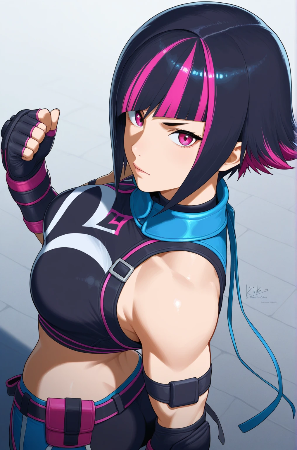 Hay una mujer con un top morado y pantalones cortos negros., Juri Han de Street Fighter, Yuri Misaki, Iliá Kuvshinov. 4 mil, Iliá Kuvshinov style, Artstyle : Iliá Kuvshinov, Personaje de King of Fighters, Retrato de Tifa Lockhart, Yayoi Kasuma, Badass Anime 8K