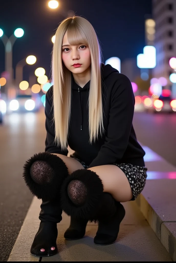 sitting on a bench at night, There is snow on the ground, Demon slayer,Fallen Princess,shy, Mole on chin, Wearing a loose, oversized hoodie, Off the shoulder, Fishnet leggings, Sexy thighs, Side pose, Small mole on chin, blush, Neon lights on the background, Detailed Background, it's raining, Long sleeve, Neck choker with necklace, Long Necklace, Evil look, Detailed digital anime art