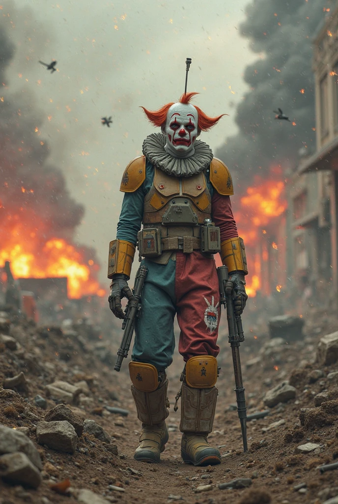 postapocalyptic photography, extreme high angle, a robotic clown in a ruined cityscape, mechanical melancholy, emotionless face, rusted parts, devastated city, broken lighting, overcast dawn, desolation, rust and steel, scattered focus, debris effects, apocalyptic theme, far future, shot on Nikon Z7 II, telephoto lens, 200mm, H.G. Wells style, futurism dystopian, mechanical despair, jagged metal, cracked concrete, isolation, despondency, city of clowns, fragmented vision