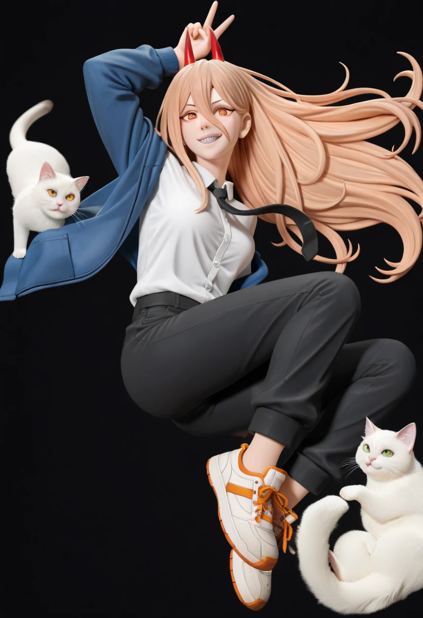 (full body:1.3), figure, (((Detailed face)), 1girl, power, (girl is power from chainsaw man), smile, yellow eyes, cross-shaped pupils, symbol-shaped pupils, blonde hair, very long hair, red horns, demon horns, hair between eyes, white shirt, collared shirt, black necktie, blue jacket, , black pants, shirt partially tucket in, collared shirt, sharp teeth, looking at viewer. She is with one white cat. black background, masterpiece, accurate, top quality, high resolution model, high detail, beautiful detail, high resolution, 8K, realistic Rendering, Ultra Realistic Detail, (Anatomically correct), Stylistically diverse, dynamic shot, high quality, 