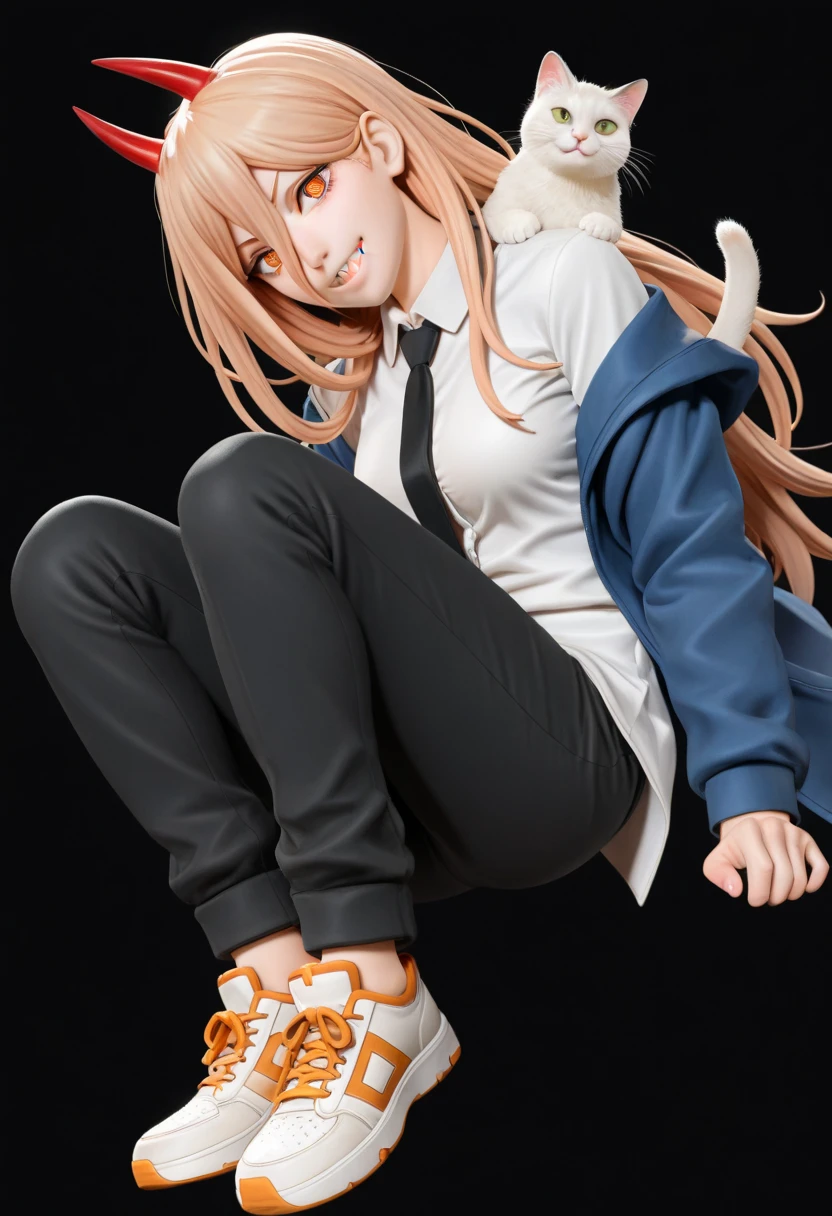 (full body:1.3), figure, (((Detailed face)), 1girl, power, (girl is power from chainsaw man), smile, yellow eyes, cross-shaped pupils, symbol-shaped pupils, blonde hair, very long hair, red horns, demon horns, hair between eyes, white shirt, collared shirt, black necktie, blue jacket, , black pants, shirt partially tucket in, collared shirt, sharp teeth, looking at viewer. She is with one white cat. black background, masterpiece, accurate, top quality, high resolution model, high detail, beautiful detail, high resolution, 8K, realistic Rendering, Ultra Realistic Detail, (Anatomically correct), Stylistically diverse, dynamic shot, high quality, 