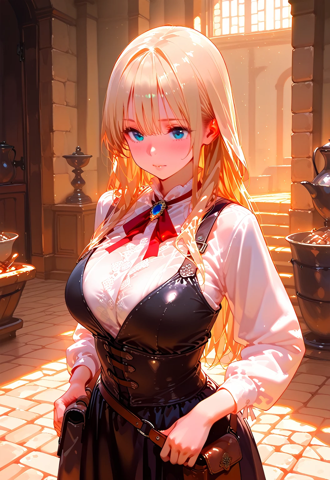 a beautiful anime blonde woman, incredibly tight waitress uniform, clothes are constricting her large breasts, thin waist, working in a medieval tavern, (dungeons and dragons style, middle earth setting, baldurs gate inspired, rpg atmosphere), (best quality, 4k, 8k, highres, masterpiece:1.2), ultra-detailed, anime c:1.37, HDR, UHD, studio lighting, ultra-fine painting, sharp focus, physically-based rendering, extreme detail description, professional, vivid colors, bokeh, portrait