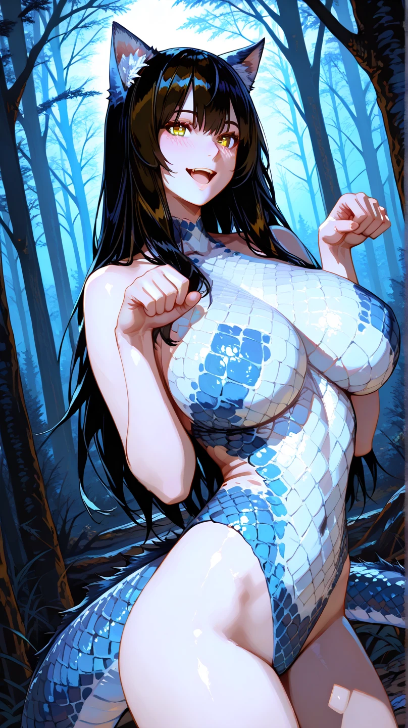 ((Highest quality、unity 8k wallpaper、32K、masterpiece、Very detailed、Ultra-high resolution、Ultra-high resolution、 Very detailedな顔, RAW Photos, Professional, Ultra-fine painting, Anatomically accurate lizard man)) Kotegawa Yui morphing into lizardwomen, kotegawayui, black long hair, yellow eyes, ((Reptilian eyeouth with sharp fangs、From shoulder to clavicle、Covered in fine scales up to the neck、(Above the buttocks、A long, impressive lizard tail connected to the spine growing from the tailbone) 、Lizard legs with sharp claws、Fine blue scales growing like thigh-high socks、Fine blue scales growing like long gloves、Long fingernails)、Nipples in full view、((Fine scales on the flank、Fine blue scales growing around the waist, Scales on the back、Scales from flank to thigh))、The boundary between the scales and the skin is not clear、