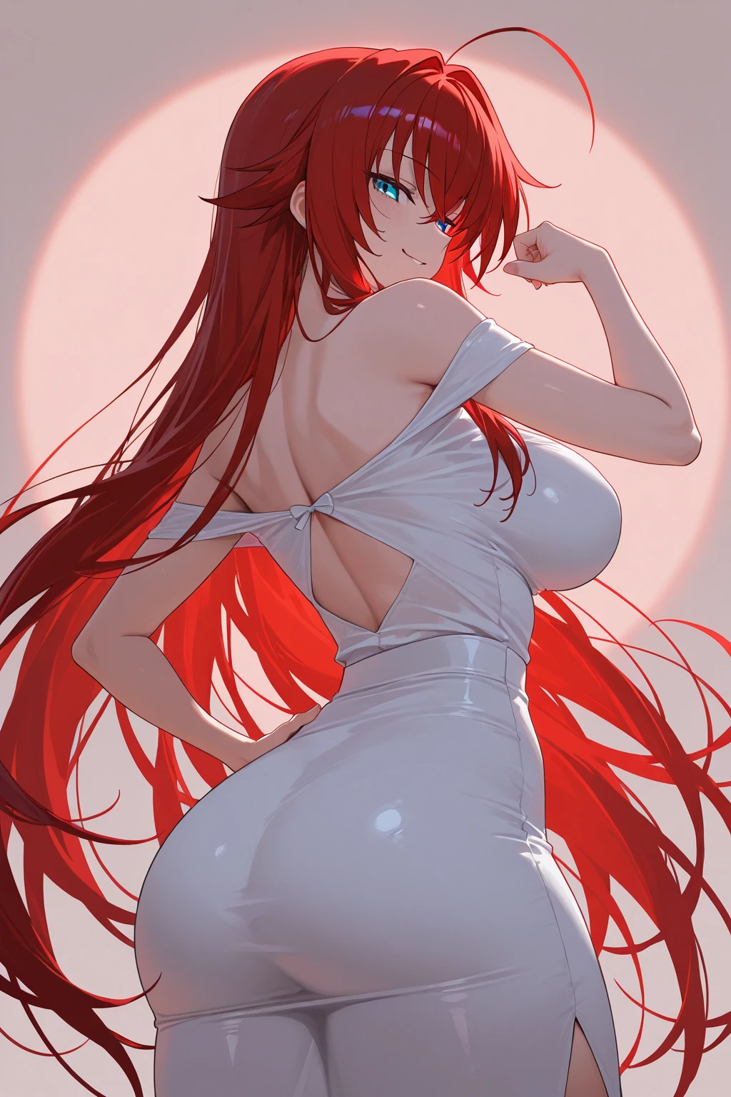 1 girl, solo, long wavy hair, vibrant fiery red hair, hazey blue eyes, skinny, flirtatious curves, gigantically large breasts, 2 breasts, 5'4", anime girl, no bra, standing seductively, powder blue dress featuring thin straps, a subtle neckline, enhancing the collarbone, and flows into a silhouette that elegantly complements the wearer's figure. Strappy black heels. Dress straps sliding down her arms causing her breasts to be naked, Breasts over dress
