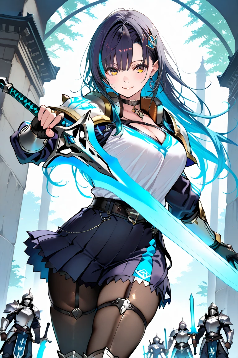 1girl, solo, sakifuwa, very long hair, ponytail, orange eyes, black hair, ahoge, black tights, purple strain of hair, very long skirt, holding weapon, holding sword, attacking, frost particles, 1 sword, upper body, close up  <lora:sakifuwa_v12_XL-30:1>