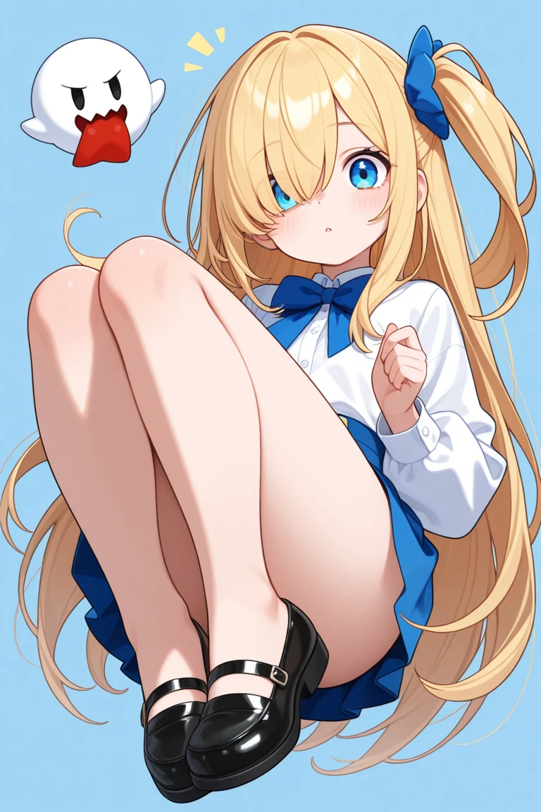 smile, :3, Barbie Core , Highest quality、blonde、Red hair ribbon、Primary school students、Blue Uniform、skirt open、Long wide skirt、cute、No pants、blush、Watery eye、Cum in pussy,One boy,vagina,Sex,Woman standing on top,From behind