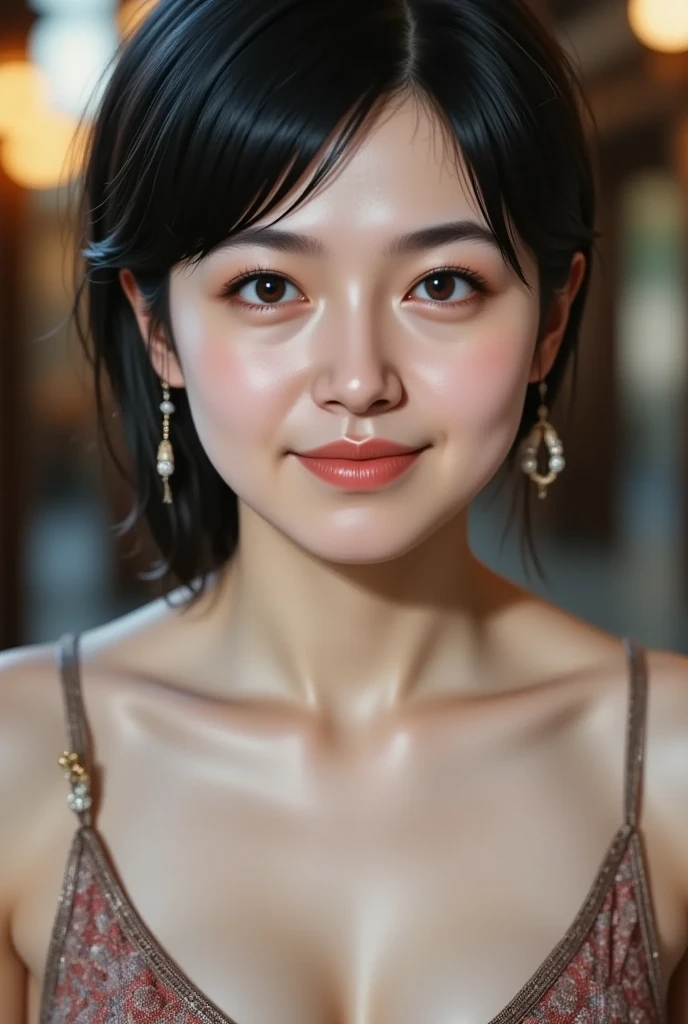 ((masterpiece, top quality, high definition)), 1 girl, (photorealistic: 1.4), solo, white background, snow-white background, mouth closed, happy smile, happy smile, pretty black hair, short hair, big eyes, clear double eyelids, eyelashes, ears out, long neck, long neck, absolute area, (draw all head, shoulders), 19 years old, attractive proportions, glossy skin, Clean collarbone, golden ratio face, perfect face, teary mole, mole on chest, bangs, clean bangs, lip gloss, thin lips, fair skin, naked, big breasts, small face, small face, draw all head, draw all shoulders, profile