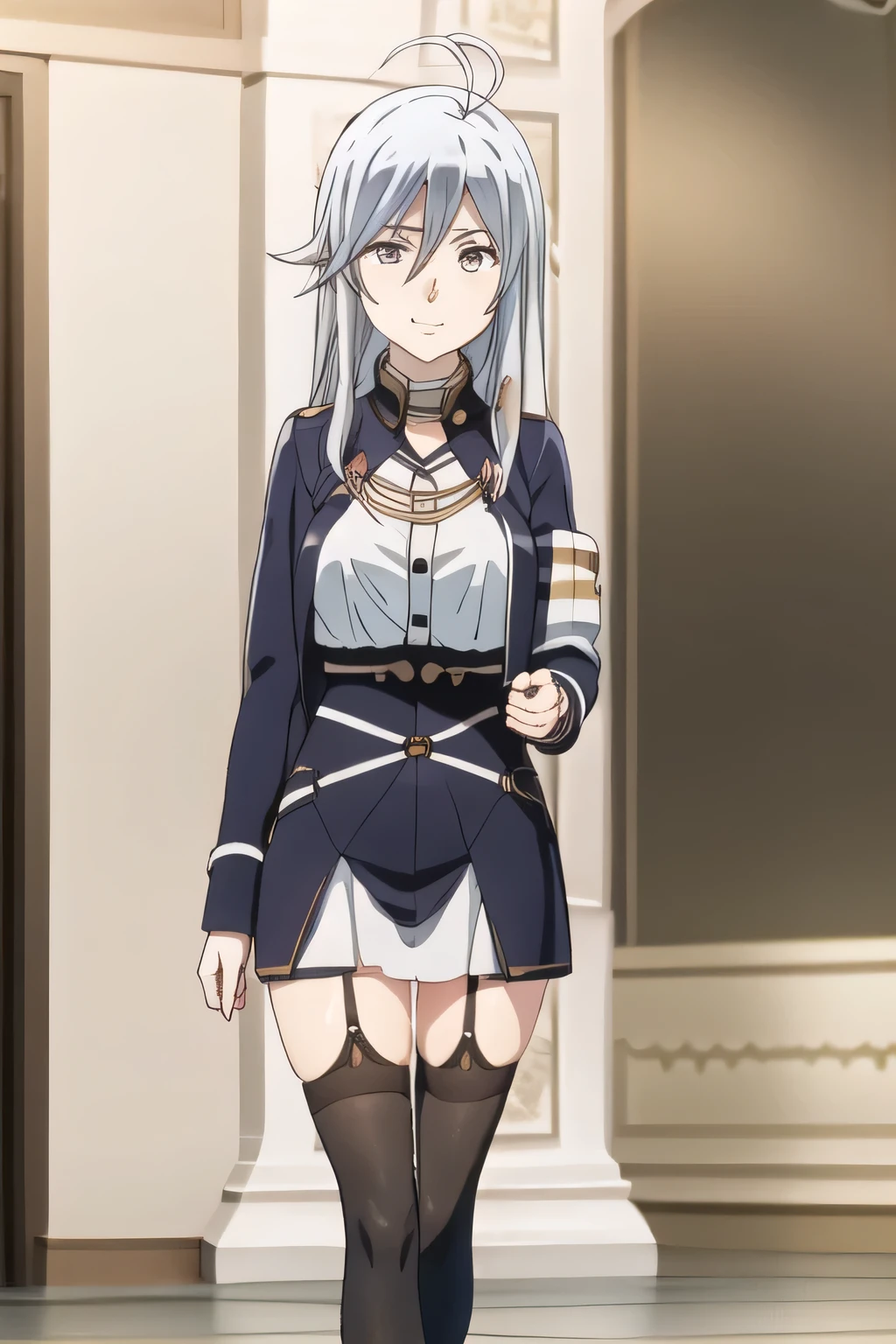 lena,masterpiece, absurdres, highres, cinematic, full HD, 8k, intricate detail, ultra detailed, cinematic lighting, 1girl, pov, silver hair, (((grey eyes))), white eyebrow, white eyelashes, ((pale skin)), looking at viewer, narrow waist, (large breast), (white thighhighs), san magnolia blue and white military uniform, science fiction, military base, outdoor <lora:vladilenaMiliz86Eighty_v20:1>