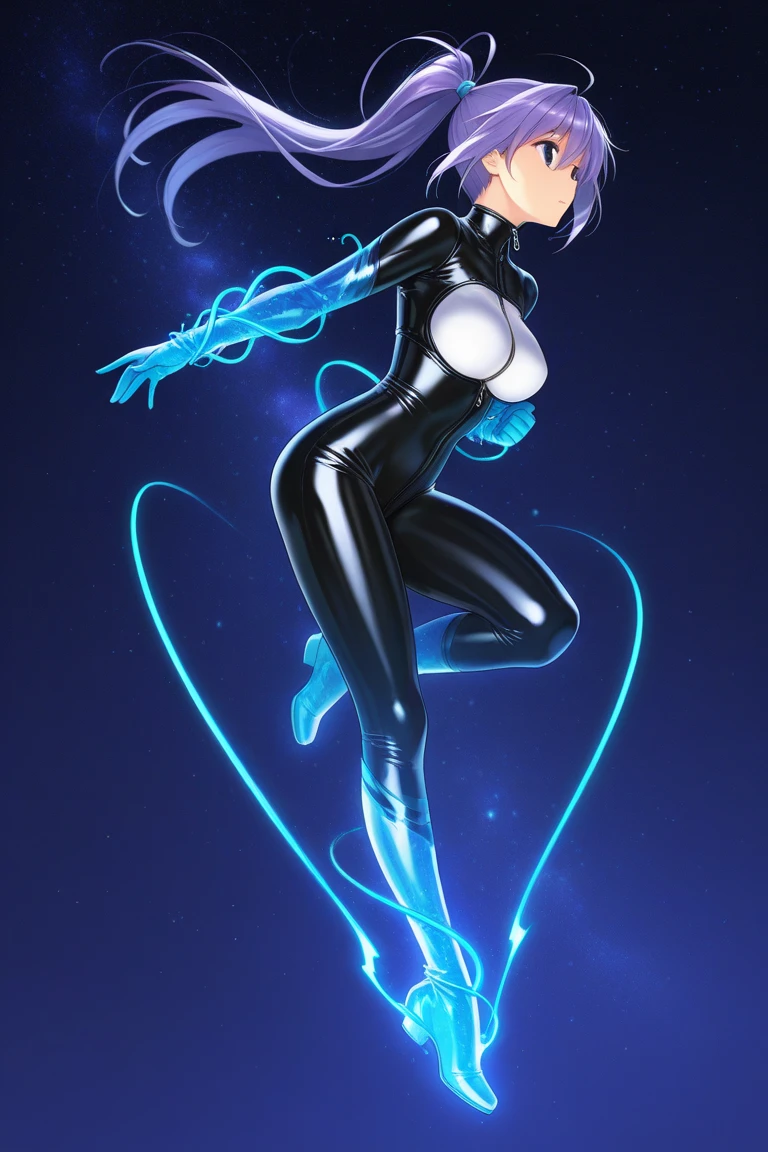 perfect hands, perfect finger,perfect anatomy, masterpiece, best quality,realistic, hyperrealistic, 16k hdr,1girl, medium breasts,blue hair, bobcut,mobile trace suit, shoulder armor,fighting pose, upper body, cockpit,from below