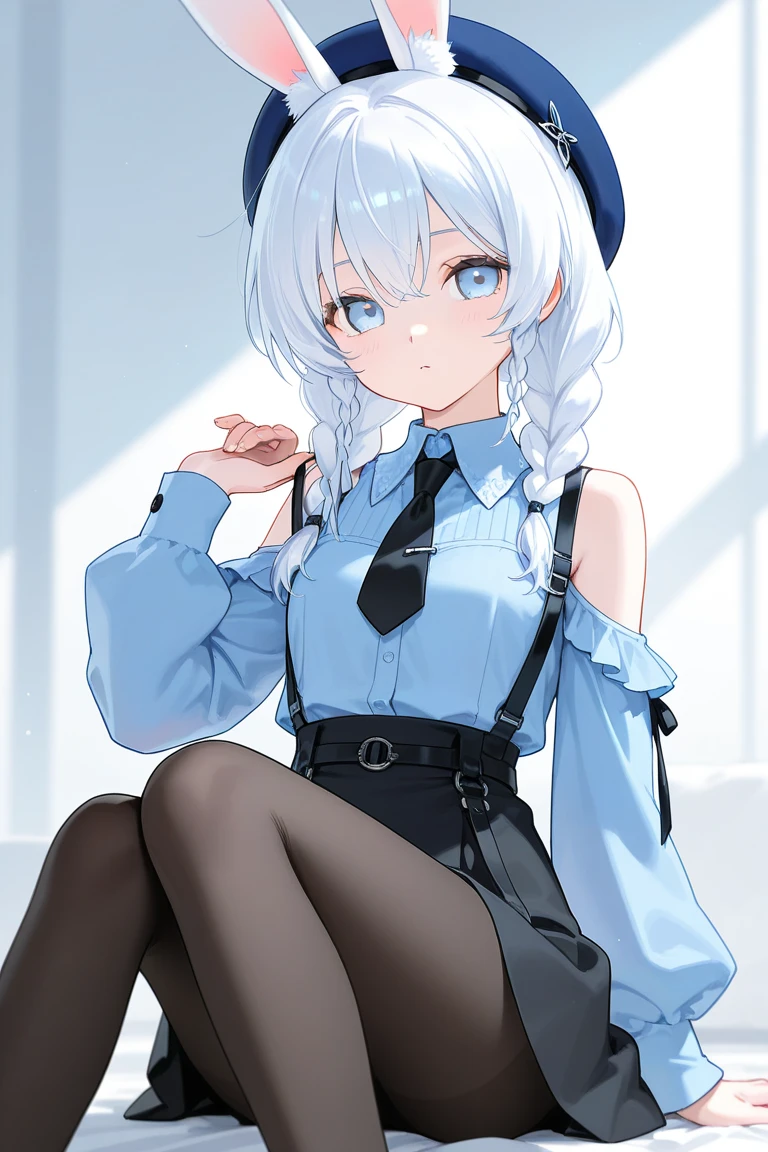 ((masterpiece, Best quality)), shiny shiny, glowing light, ray tracing, HDR, depth of field, (perfect face, detailed face, detailed eyes,perfect hands), (medium tits:1.2), 8 k, HD, ultra realistic face, ray tracing, perfect lighting, Best quality, Ultra detailed, sparkling eyes, 1 girl, (mature woman:1.4), cowboy shot, furin, White hair, blue streaks in hair, ((gradient hair)), different colored eyes, eye gradient, (sparkling eyes:1.5), Blue eyes, long sleeves, (school uniform), White shirt, evil grin, black tights, ear tape, sitting on a chair, Class, panties under pantyhose, shaded face, Pleated skirt with plaid pattern, One, Blue panties, (from below:1.1), I look at the viewer, legs, sole, leg up