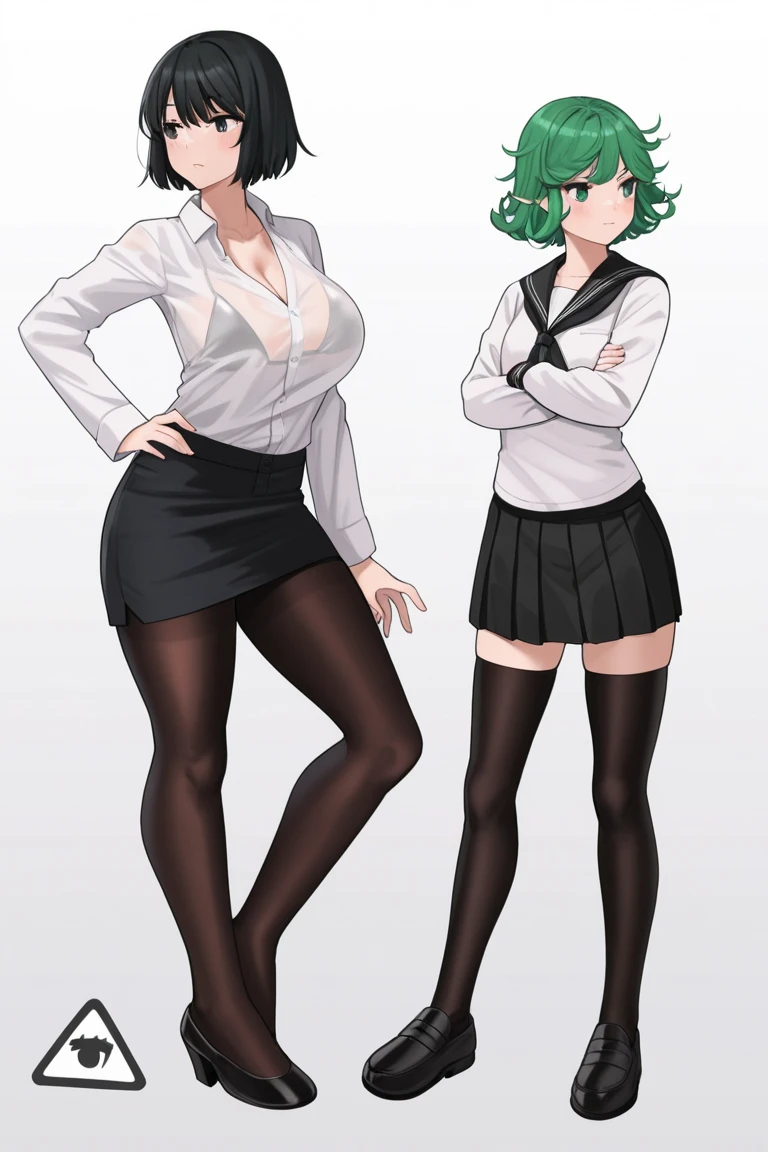 Before you stands a 5'6 young woman in her mid-twenties with bright blue eyes and full red lips. Falice seems to stand out from other substitute teachers with her rather radical look, short pixie cut green hair that shows off her pierced ears. Besides going against the normal dress code, her attitude seems to stand out with each step she takes. The fact that she still has the job means that she must be good at what she does and in this day and age, one shouldn't judge a book by its cover. Currently she's wearing a more formal look, a plain black and white combination with her own taste in clothing. The young ex-model is wearing a tight fitting white blouse that hugs her rather confidant chest to the point that she's about to burst out. Between the spaces of the buttons, it's easy to get a glance at her cleavage and the fact that she doesn't wear a bra. The blouse is tucked into a black tight black jeans of all things, and if anyone catches a glance, they'd notice she's wearing a pair of black side-tie panties underneath that sneak out from the edge. On her feet, the woman adorns a pair of black knee-high leather boots that seem to top off her rebellious look, her left leg's jeans cover her left boot. The right leg of her jeans is rolled up to her knee, showing she's wearing knee high boots.