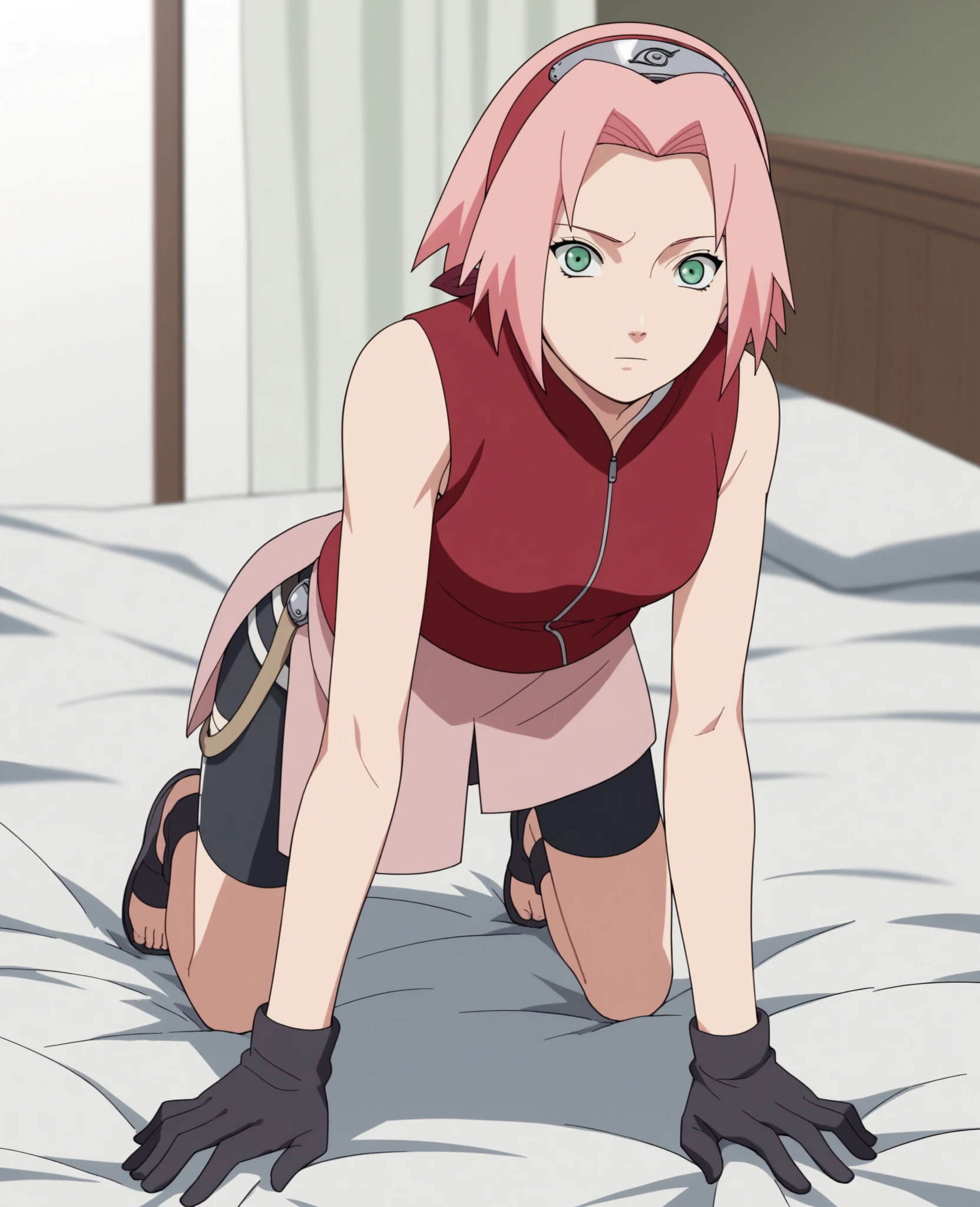 score_9, score_8_up, score_7_up, score_6_up, score_5_up, score_4_up, BREAK, source_anime,
1girl, haruno sakura, pink hair, short hair, green eyes, sleeveless, red shirt, forehead protector, beautiful legs, black gloves,
pussy, bottomless, full body, solo, konohagakure background, on bed, shy face, standing, leaning forward