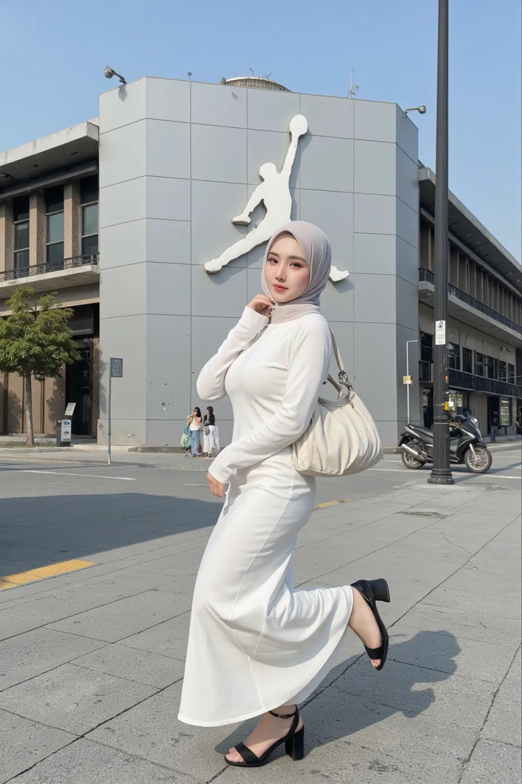 a woman in a white dress and a black scarf standing in front of a wooden wall, dressed a long white, smooth white tight clothes suit, white hijab, long dress, in a long white dress, simple dress, in a dress, lv, dressed with long fluent clothes, wearing a long dress, white silky outfit, dress, dilraba dilmurat