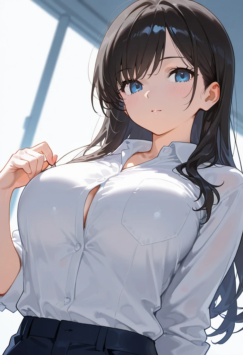 head tilt, Staring、masterpiece、top-quality、 A 40-year-old green-eyed woman with wavy lobed brown bangs.、Cleavage is visible、Wearing a white blouse、Wearing jeans、smile, open mouth, The background is a room、is standing、Bold composition、Alone、
