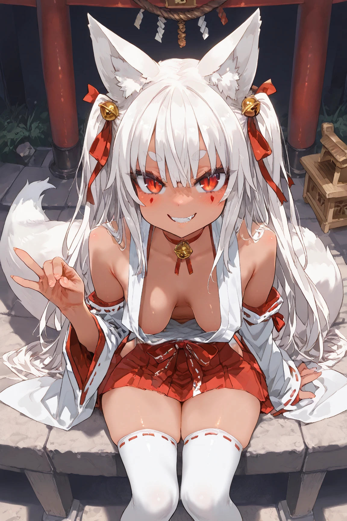 female, oni, flesh horns, dark luxurious kimono, white hair, long hair, small breasts, cleavage, red eyes, huge kanabō resting on ground, forest, Japanese shrine, straight hair, feminine, sadistic smile, close up