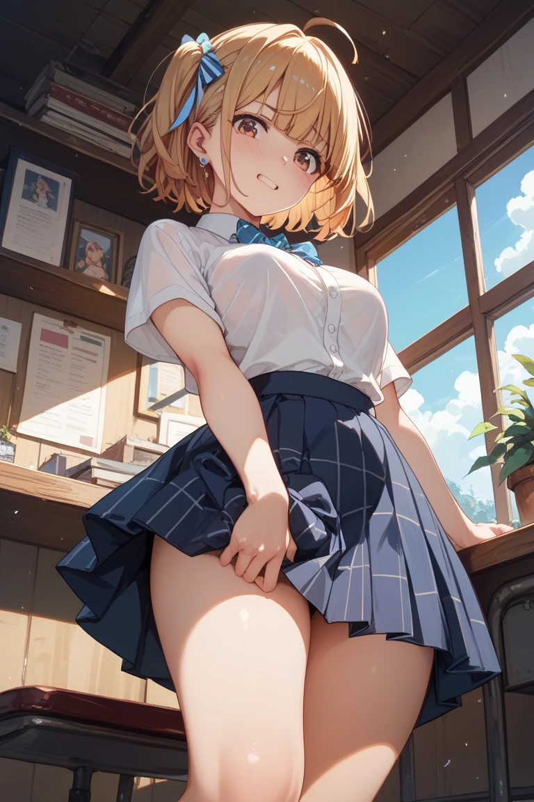 masterpiece, best quality, 1 girl, detailed beautiful face, skirt lift, short hair, waved hair, twintail, blonde hair, smiling, show off side tie panties, embarrassed, blush,
