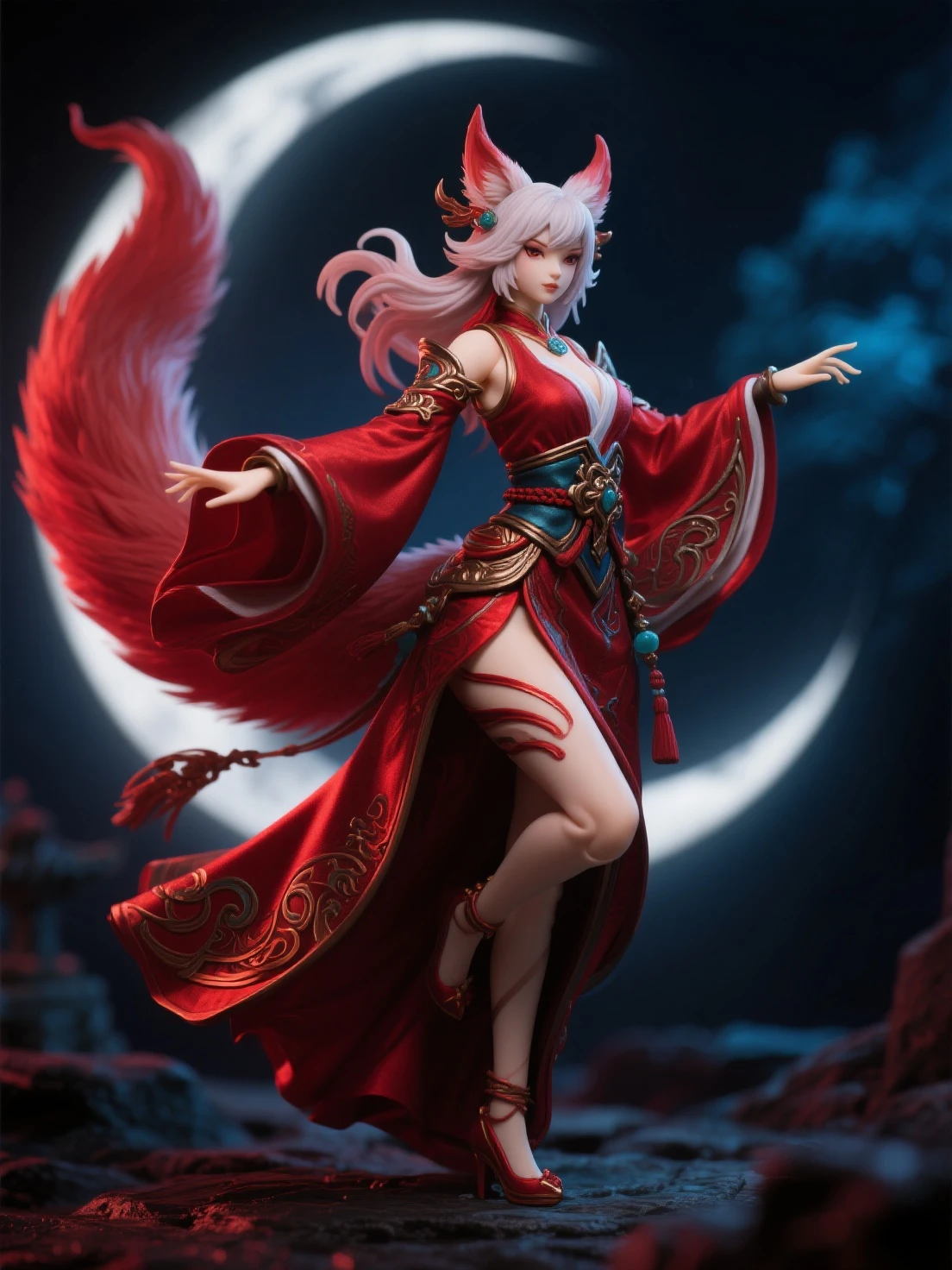 Ahri de League of Legends, foto do corpo todo, perfect hands, cabelos pretos e longos, nine fox tails on the tailbone, orelhas de raposa pretas, roupa de samurai vermelha, papel de parede, fundo em Iona, rosto sexy oriental, cabelos pretos escuros, imagem horizontal, celular