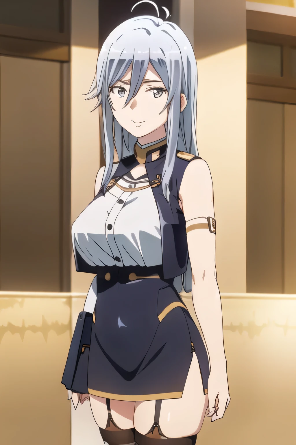 A woman with a very nice smile,Please draw the facial expression more delicately,wearing miniskirt police uniform,Please draw big breasts with even bigger breasts,The face is absolutely necessary,Accurate representation of hands and feet,sleeveless black wool sweater,Hide your chest with a costume,wears high socks with garter belts on both legs,can you draw blondes,,Pleated Mini Skirt, beautiful smiling woman ,walking alone, city tour ,,(((, is wearing tourist-inspired casual clothes))),,(Let's draw a more delicate look),(sleeveless wool sweater),( black leather skirt,Pleated Mini Skirt,white panties),(That work is enough for one person )、 animated CG